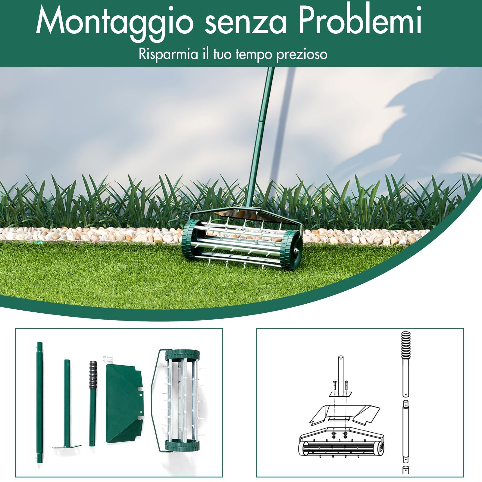 RELAX4LIFE Arieggiatore Manuale per Prato, Aeratore da Giardino con Rullo Spinato e Parafango, Unghie da 3 cm, Ideale per Giardino, Cortile e Prato