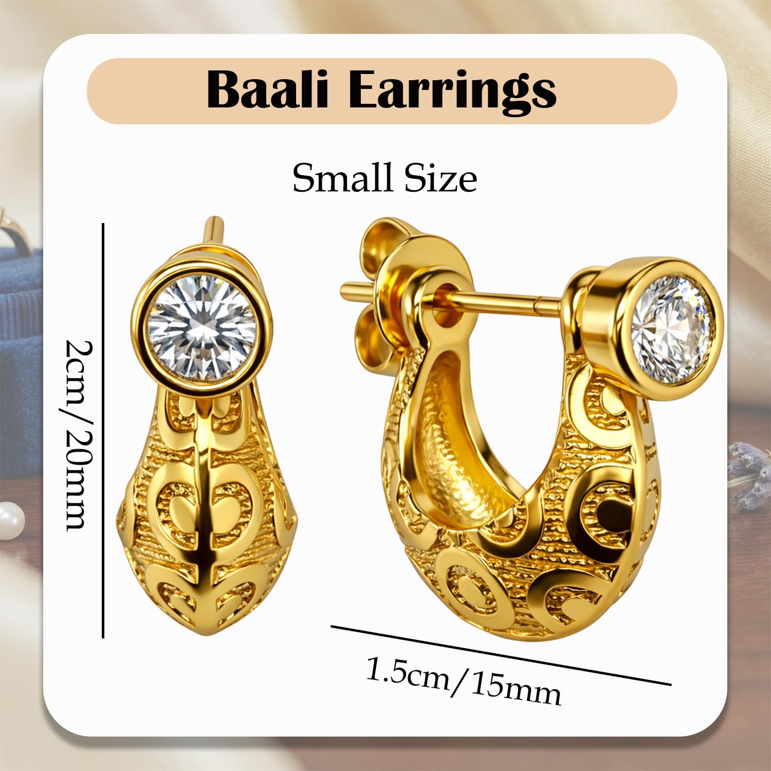 VAMA FASHIONS 18K Gold Plated Anti Tarnish Crystal Stone Round Big Textured Design Kaju Bali Stud Huggie Hoop Ear Rings Piercing Kan Ki Baali Hoops Earrings For Men 1