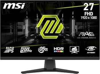 MSI MAG 272F Monitor Gaming 27", FHD 1920x1080, 200Hz, 0,5ms, HDR Ready, AMD FreeSync Premium, Eye Care, AI Vision, HDMI 2.0b, DP 1.2a, Supporto Regolabile in Inclinazione, Montaggio VESA, Nero