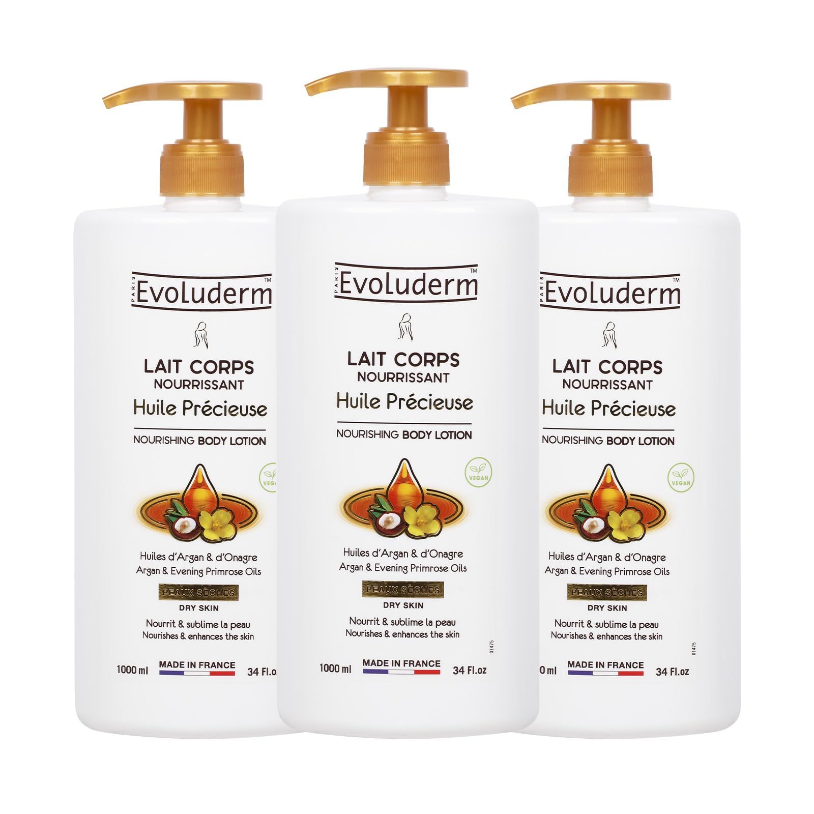 EVOLUDERM - Lait Corps Ultra-Nourrissant Huile Précieuse - 1000 ml - Ingrédients d'Origine Naturelle - Végan - Fabrication Française - Lot de 3 x 1000 ml