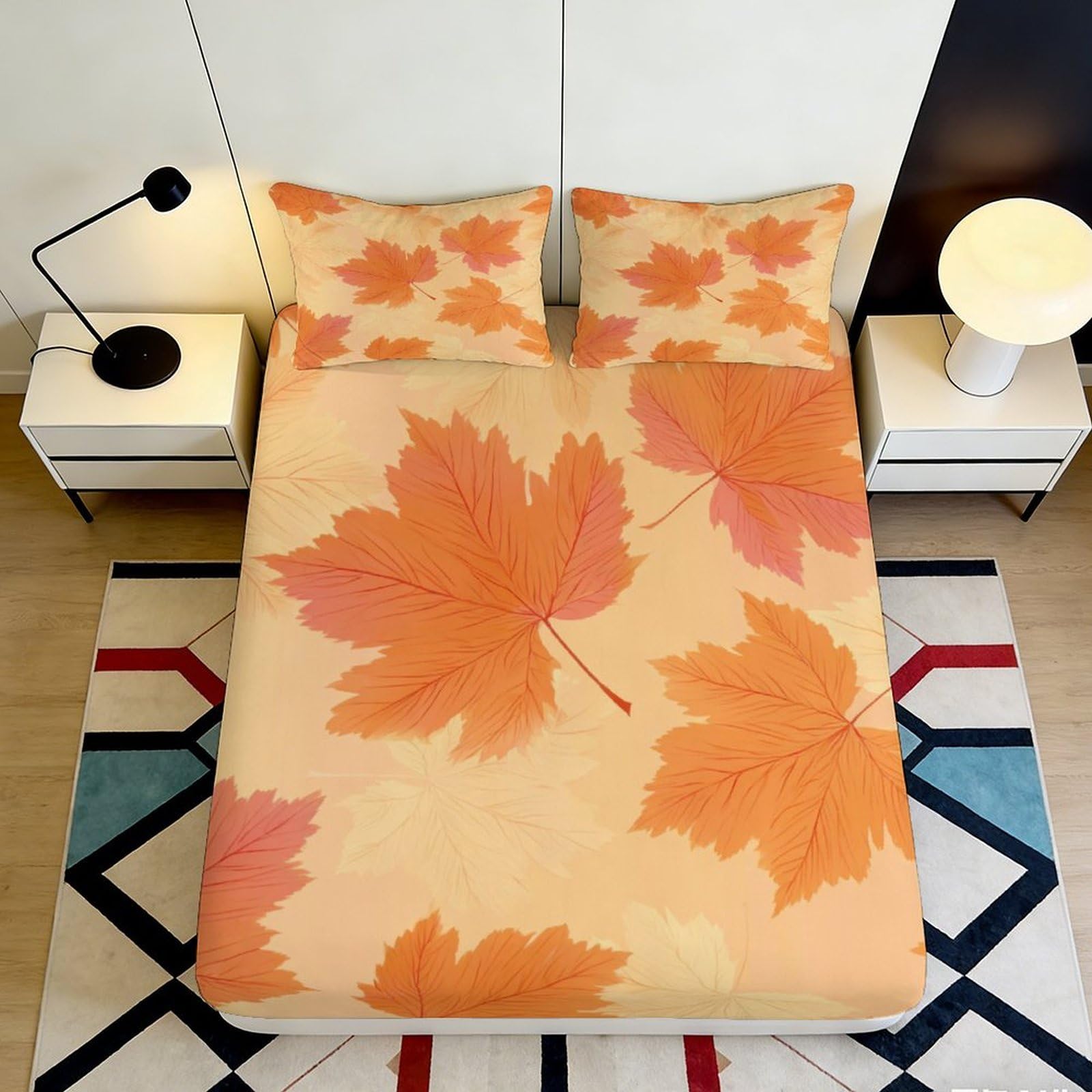 3D Printed Autumn Maple Leaf Fitted Sheet Microfiber Soft Anti-Slip Bed Sheet Fall Leaves Mattress Cover Decor 90x200x25cm