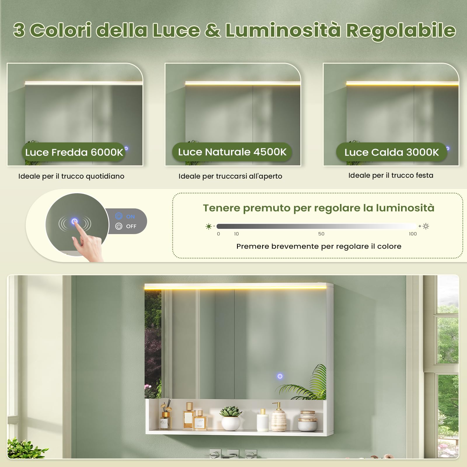 Specchio Bagno Contenitore con Luce, Specchiera Bagno 80x16x75 cm