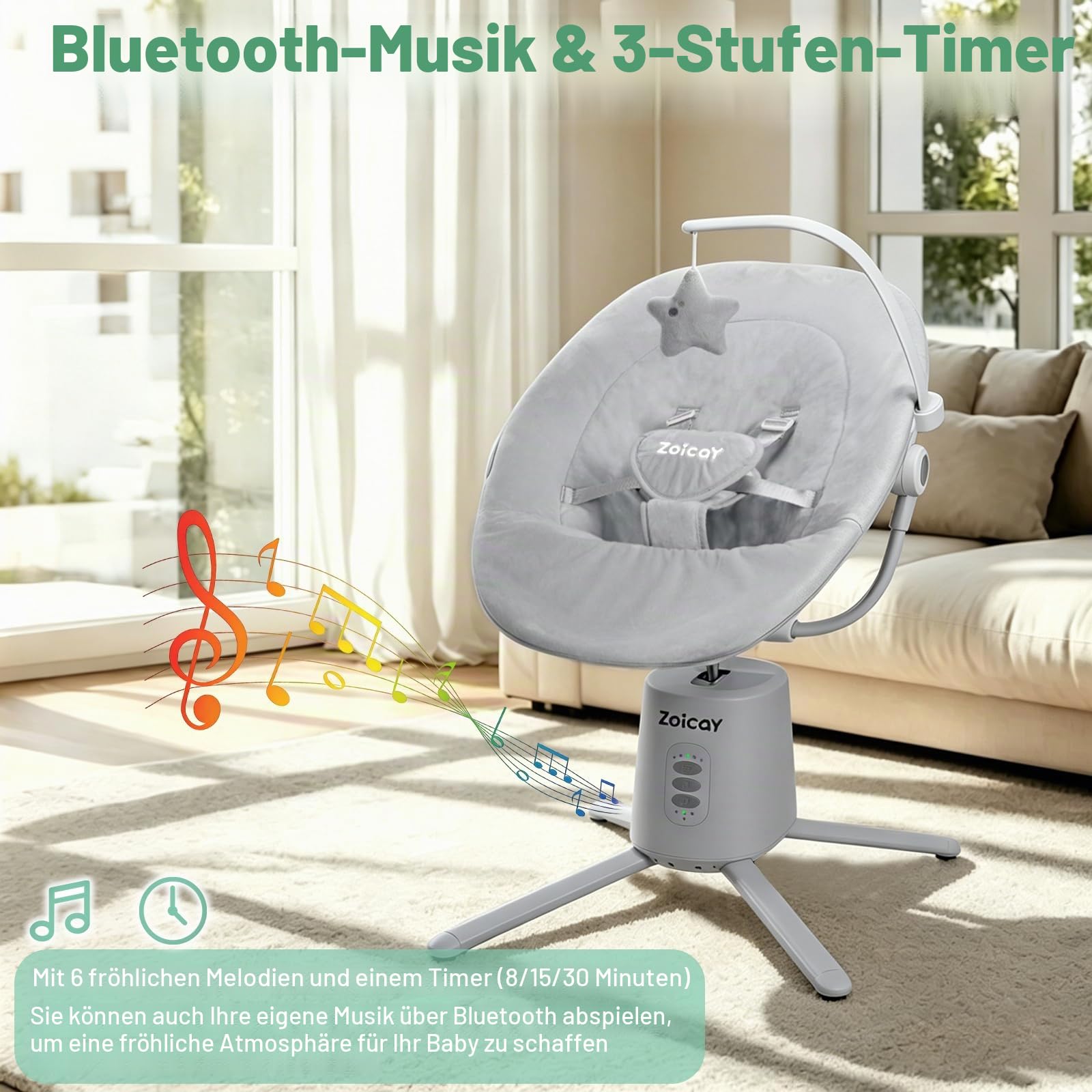 Babywippe Elektrisch mit 3 Modus 5 Tempo für Neugeborenes 0-9 Monate (Grau) | Babywippe 5-Punkt-Gurt Verstellbare Sitz Babyschaukel Fernbedienung Bluetooth Steuerung Timing und Musik Funktion