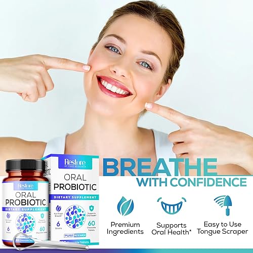 Miniatura 7 de Probióticos orales y raspador de lengua para apoyo al mal aliento - Probiótico dental masticable para dientes, encías y aliento fresco - 6 cepas
