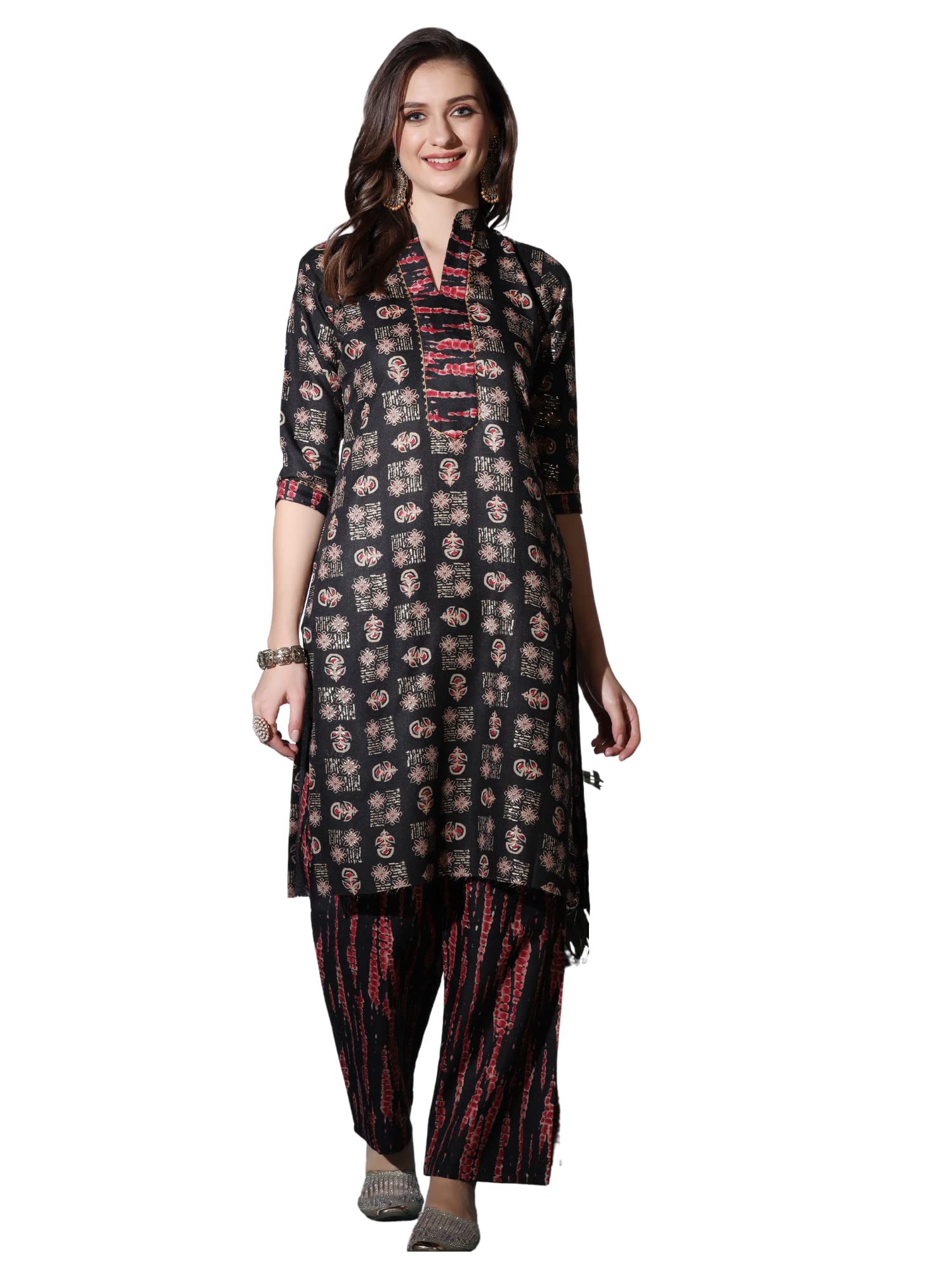 Greciilooks Womens Cotton Blend Casual Regular Fit Kurta Pant Set (Black, Small)