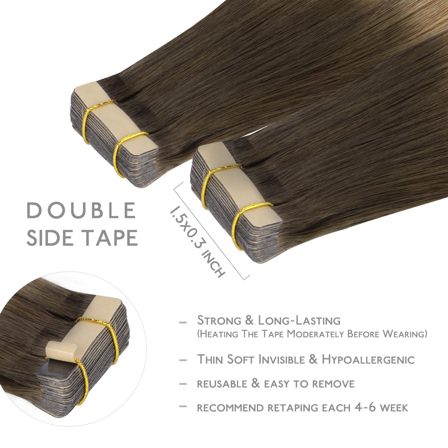 WENNALIFE Extensiones Adhesivas Pelo Natural, 50cm, 50g, 20 Piezas, Ombré Walnuss Braun bis Ash Braun und Bleach Blonde, Extensiones Pelo Remy Cabello Humano - 3