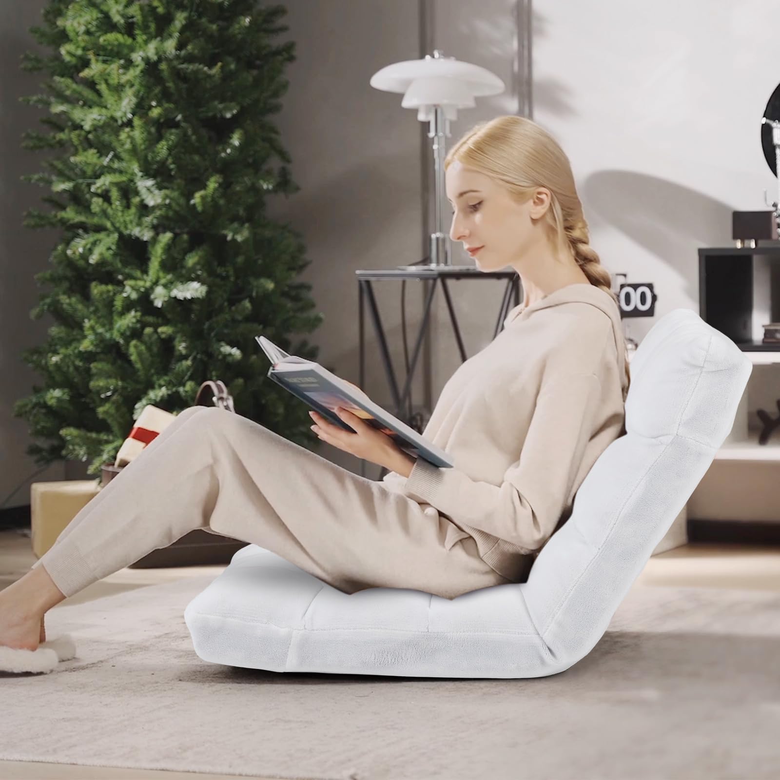 GOPLUS Sillón Relax Reclinable en 14 Posiciones, Sillla Suelo Plegable con Vellón Coral y Cojín Acolchado, Sofá Individual para Lectura y Gamer en Dormitorio, 105 x 57 x15 cm (Blanco)