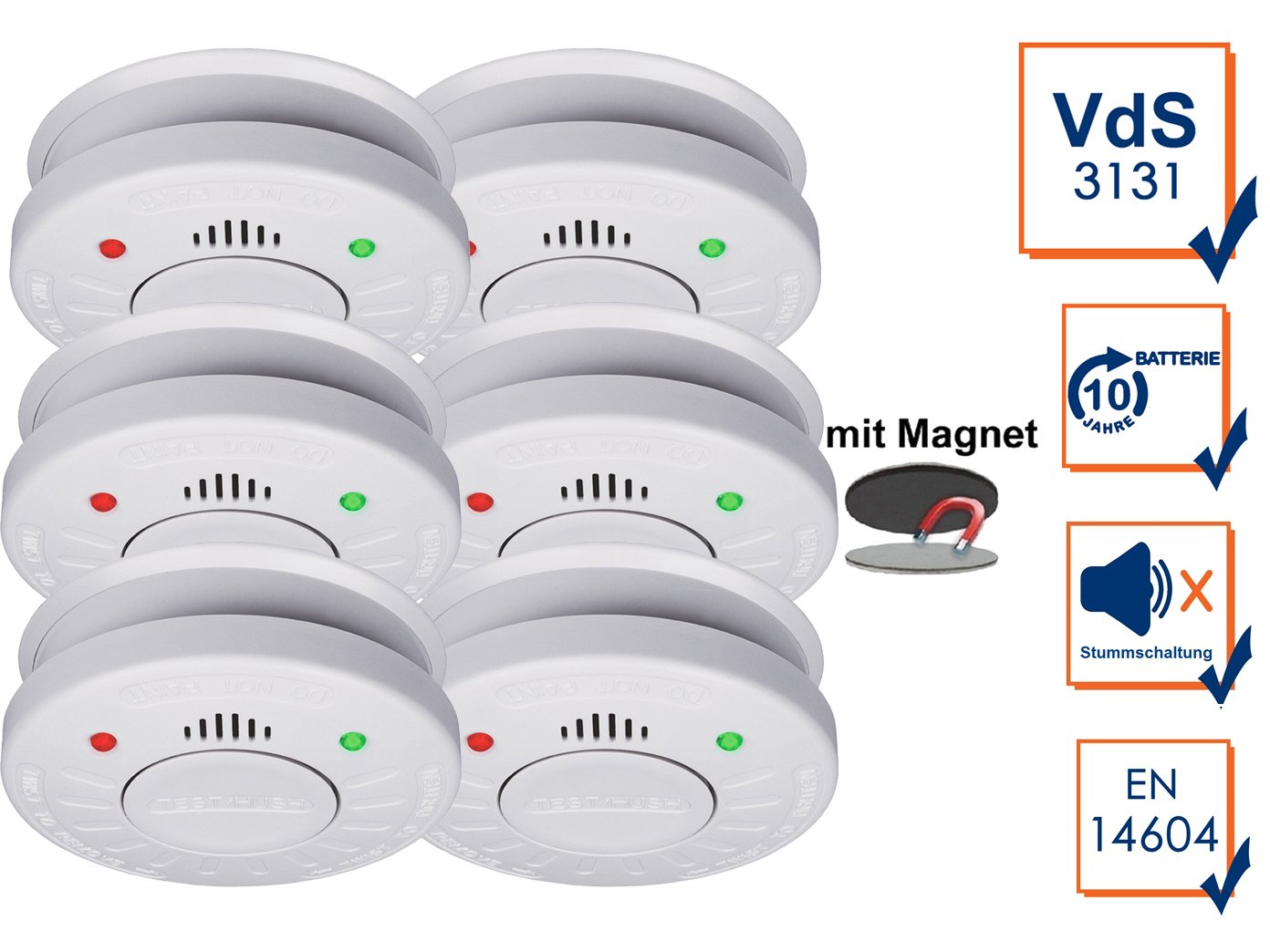 Juego de 6 Smartwares 10 años – Detectores de humo (Certificado VDS de silencio – – con una práctica placa magnética para la instalación rápida & limpio.