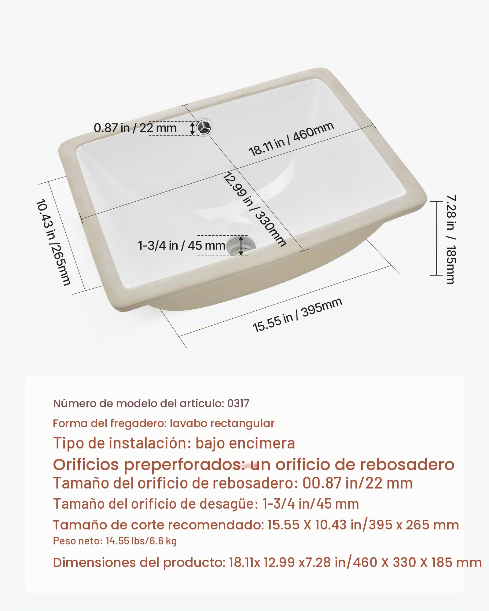 VEVOR Lavabo Bajo Encimera de Cerámica Rectangular, con Rebosadero, Fregadero de Cocina Moderno para Espacios Pequeños, Resistente a las Manchas y el Amarilleo, Color Blanco, 460 x 330 x 185 mm
