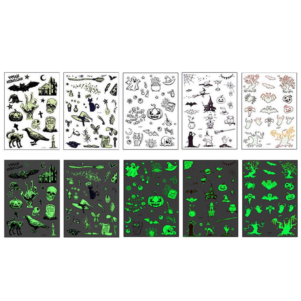 KbnianHalloween Themed Temporary Tattoos Cute Glitter Fake Tattoos Sugar Skull Black Cat Zombie Spider Web Witch Tombstone Castle Grim Reaper Bat Pumpkin Small Tattoos for Kids Children [5 Sheets]