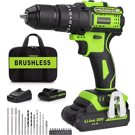 COMOWARE Brushless Drill, 20V Cordless Drill with 1/2” Keyless Chuck, Power Drill, Max 530 In-lbs Torque, 2.0Ah Li-ion Battery, 1-H Fast Charger, 20+2 Position and 23pcs Accessories