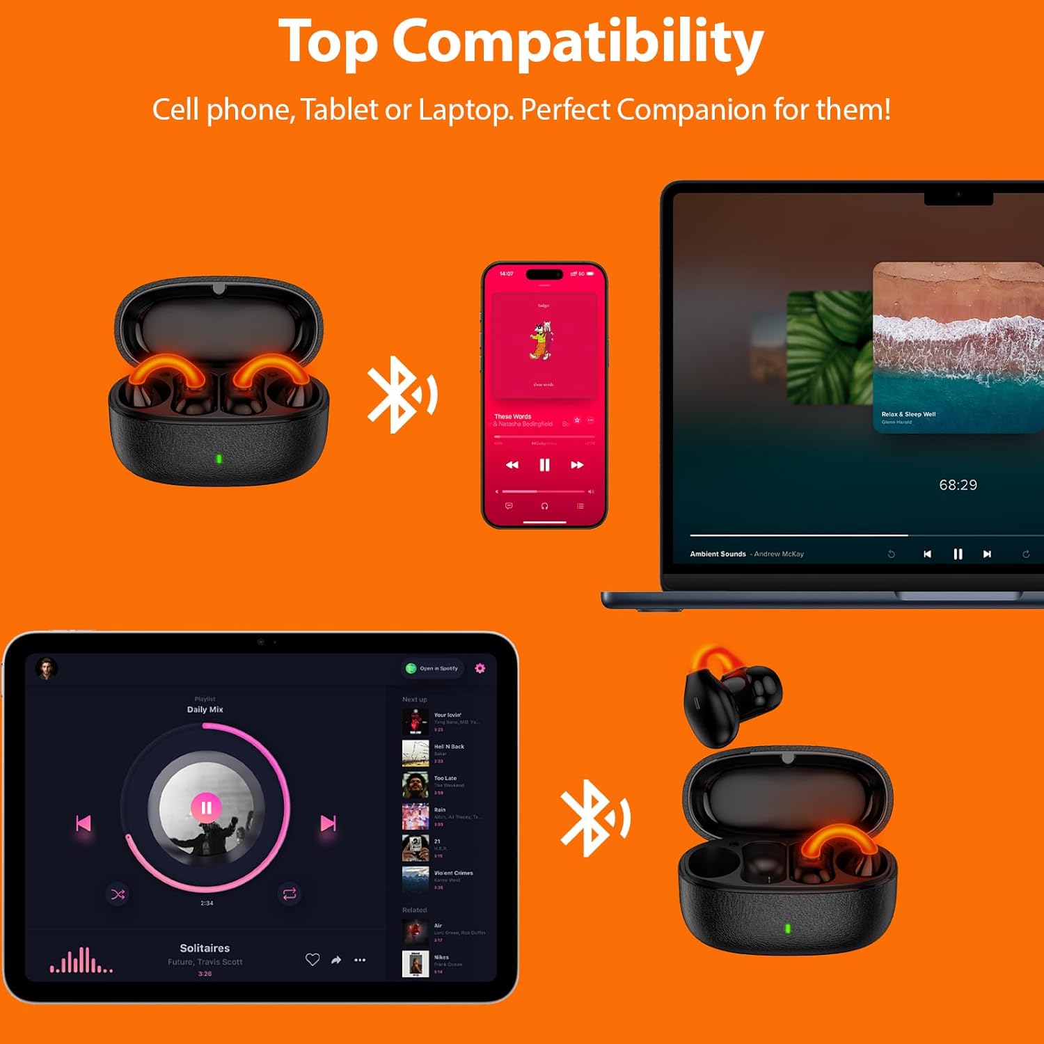 Jiunai Wireless Earbuds for iPhone 17 16 15 Bluetooth 5.3 Headphones Bone Conduction Headphones Flash Light Bud Sweatproof Clip On Earphones for Samsung S26 Ultra S25 Run Travel Gym Black Orange