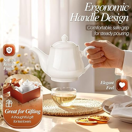 Miniatura 5 de Flexzion Tetera de porcelana, tetera de cerámica con tapa, tetera personal para 2 a 3 tazas de té, tetera de cerámica blanca pura de 24 onzas, horno
