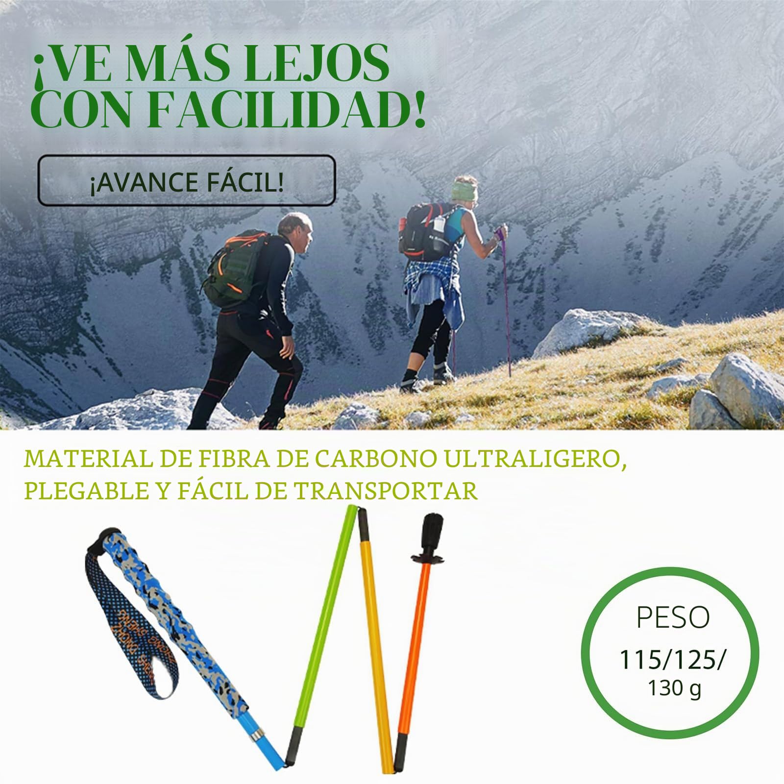 OKHEALING - Bastones de senderismo ultraligeros de fibra de carbono, plegables, juego de 2, bastones de senderismo con asas que absorben la humedad, bastones de senderismo con bolsa de almacenamiento