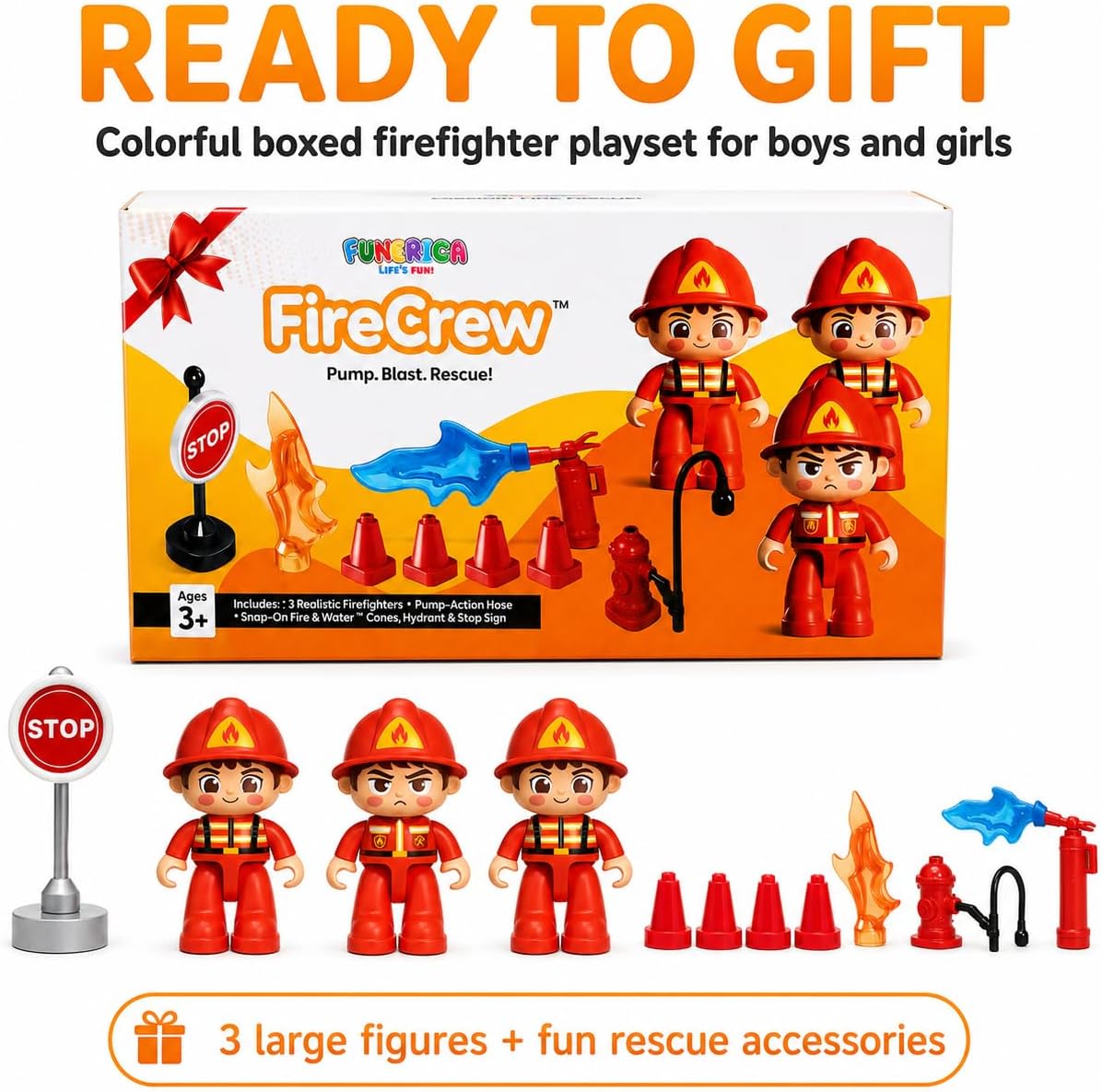FUNERICA Fireman Toys for Kids, 3 Large Poseable Firefighter Figures & Fire Rescue Accessories, 14-Piece Firefighter Playset for Pretend Play