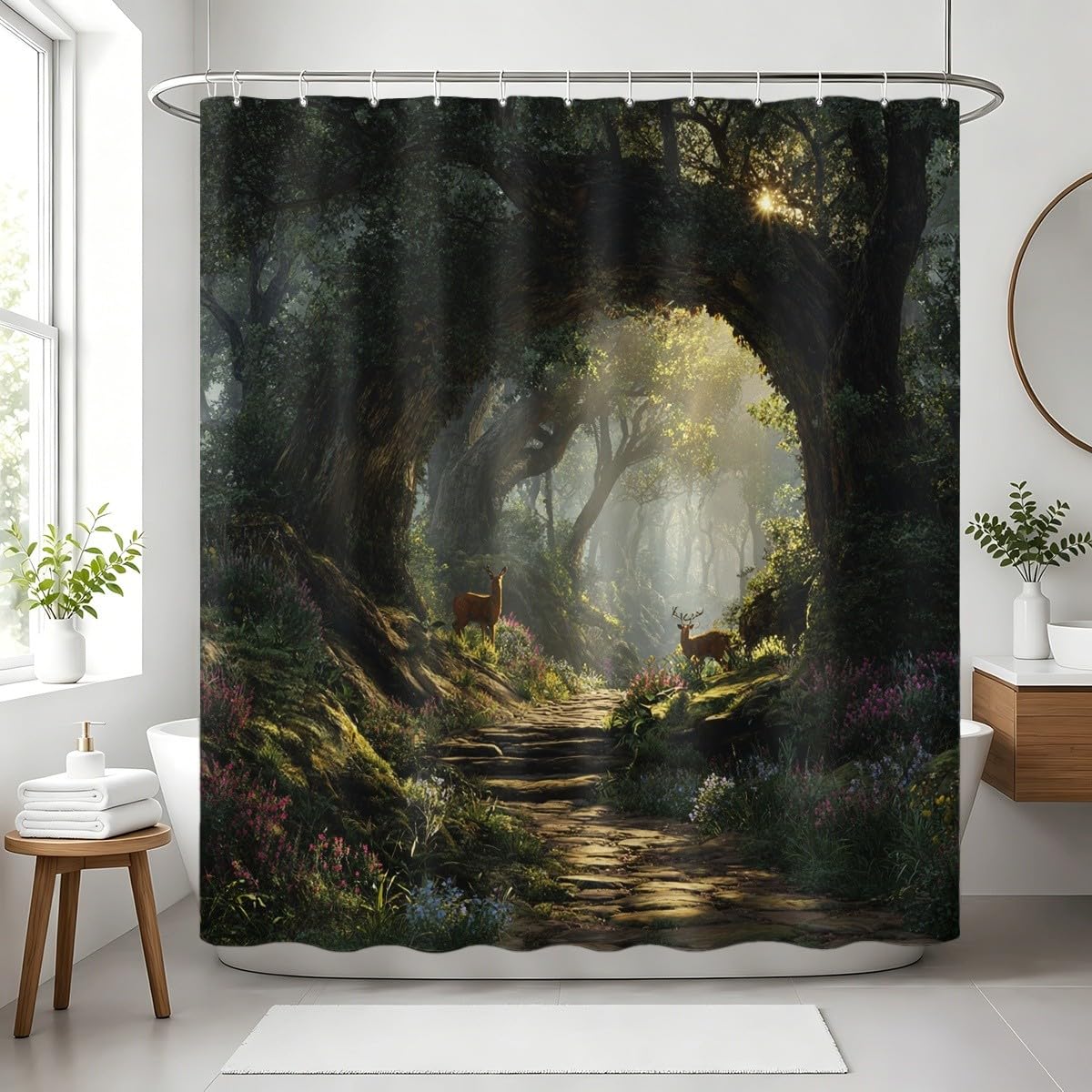 Verde Tenda per Doccia 240x200 cm Impermeabile Antimuffa Poliestere | Fantasia Junglea Regno Segreto Lavabile in Lavatrice Facile da Pulire Asciugatura Rapida con 12 Ganci per Bagno