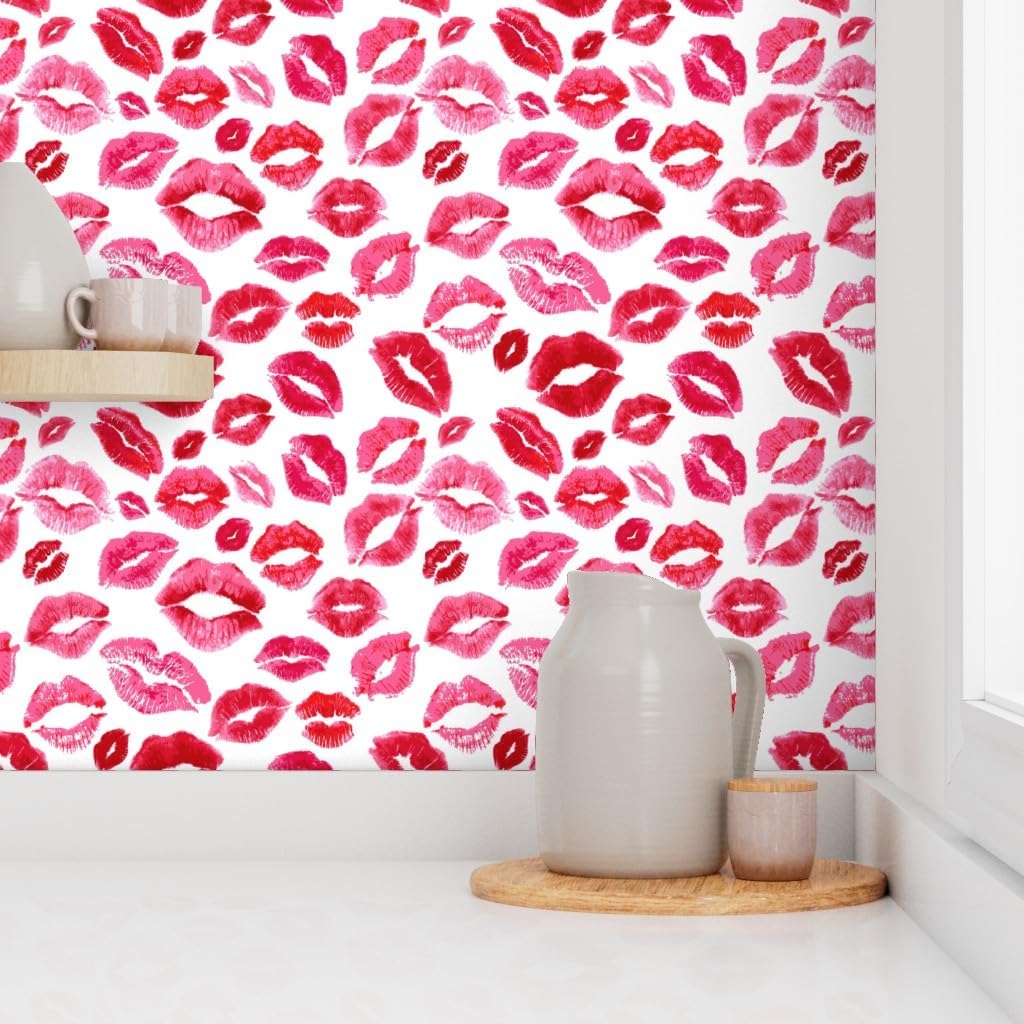 Spoonflower Peel & Stick Wallpaper 3ft x 2ft - Love Lips Red Valentine Beauty Lipstick Kisses Watercolor Valentines Day Girly Makeup Custom Removable Wallpaper