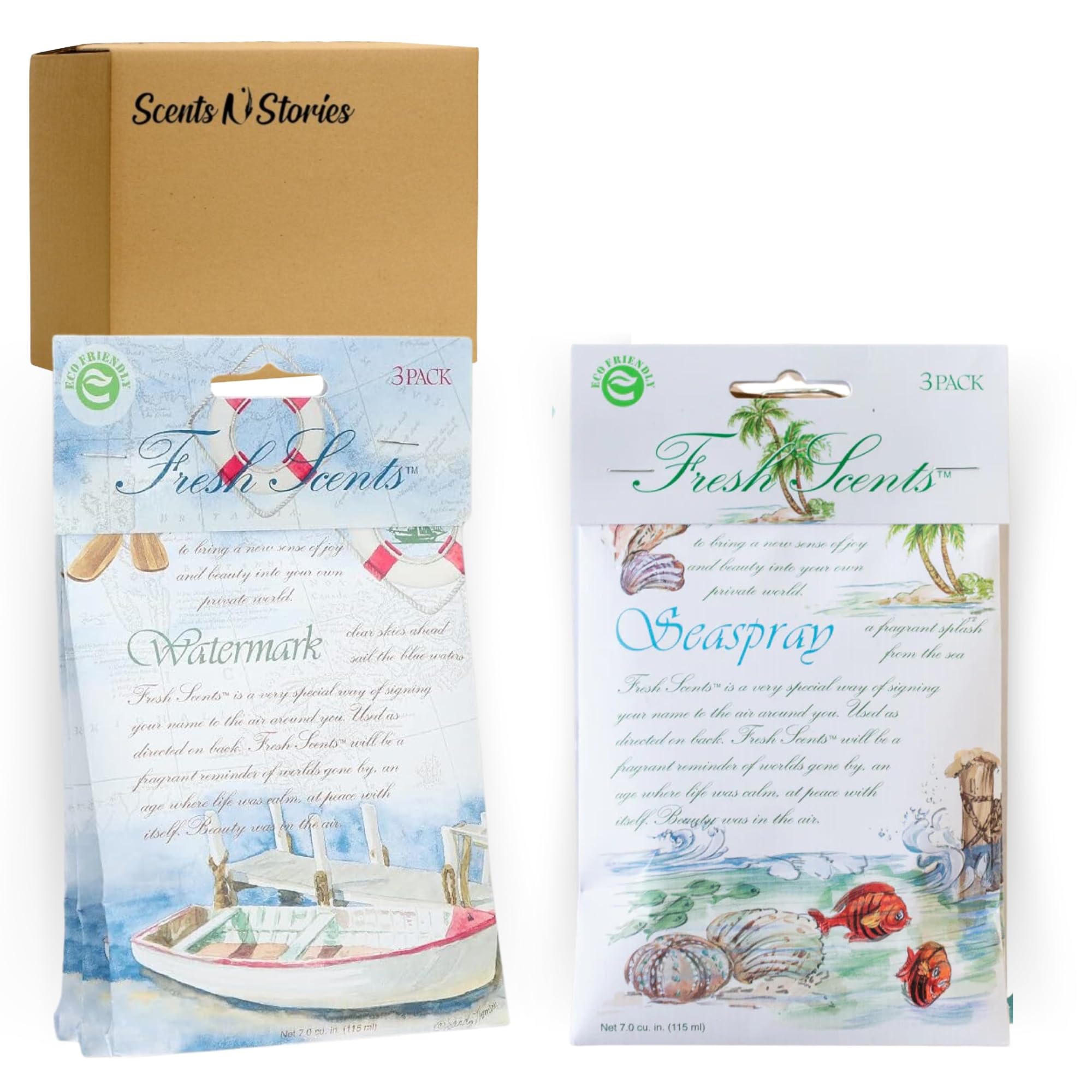 Watermark & Seaspray Scented Sachet Packet 6 Pack Fresh (3 Pack of Each) with Scent n Stories Box, Long Lasting Air Freshener Bags for Drawers, Closets & Cars