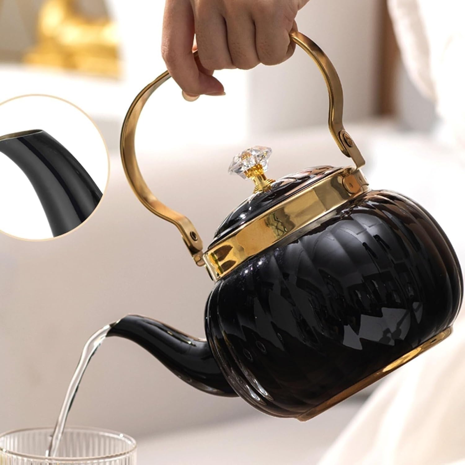 Black Tea Kettle Stovetop, Pumpkin Shape Teapot with Infuser, Small Tea Pot Stainless Steel Teakettle for Stove Top Gas Electric Applicable(1.6L)