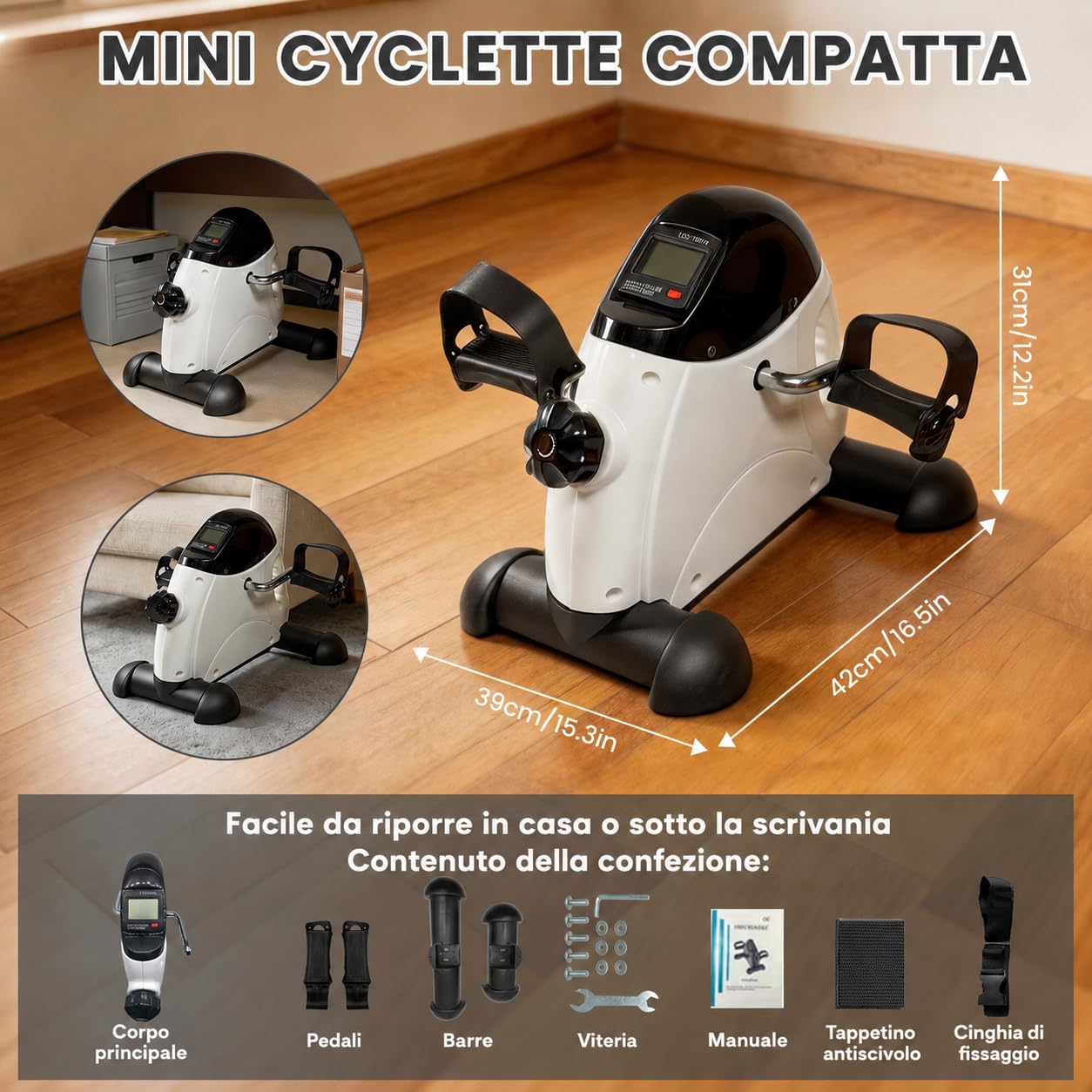 Pedaliera per Anziani ed Esercizi Leggeri da Seduti, Mini Cyclette Compatta per Casa e Ufficio, Pedaliera per Braccia e Gambe, Resistenza Regolabile, Pedali Antiscivolo