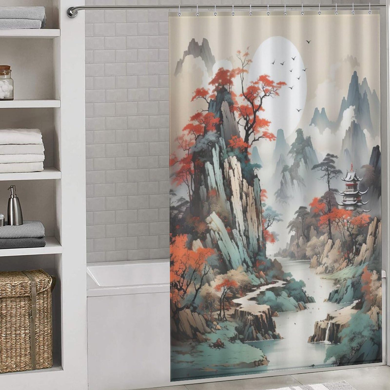 Rideau de douche paysage tissu lavable imperméable polyester 140x183cm pour rideau de bain 12 crochets