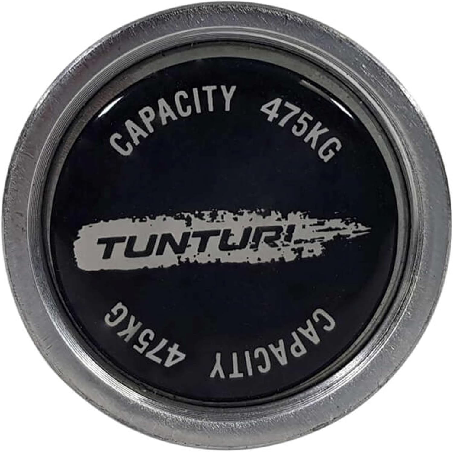 End cap of the Tunturi Olympic Bar showing 'Capacity 475KG'