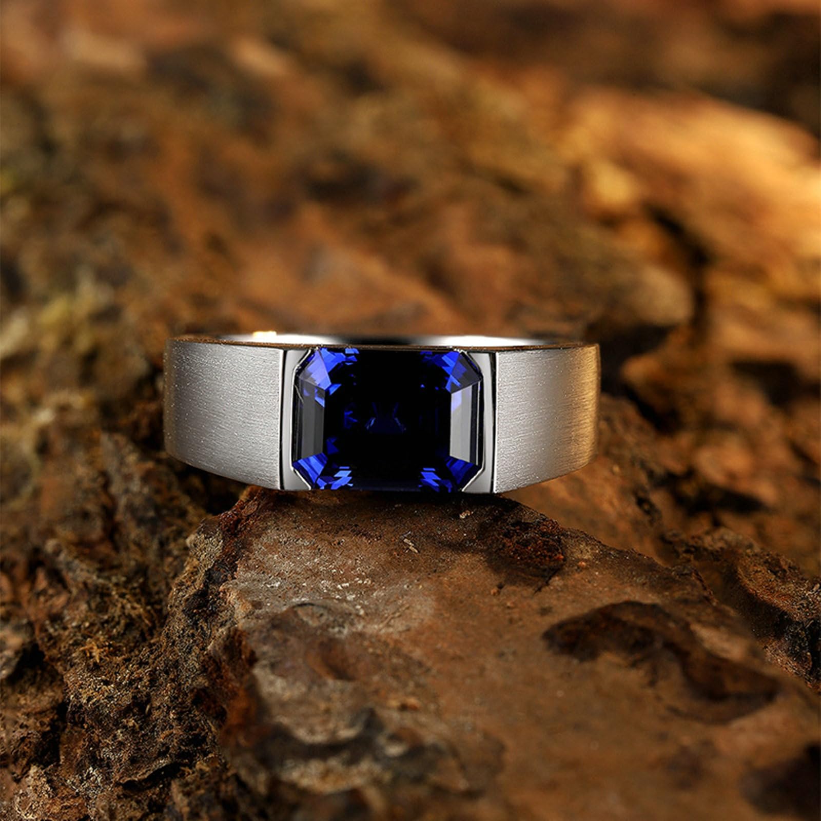 Anelli Uomo Matrimonio, Anello Uomo Oro Bianco 14Kt Zaffiro Sintetico Rettangolare da 3.51ct Solitario Opaco Anelli Fidanzamento Oro Bianco per Promessa