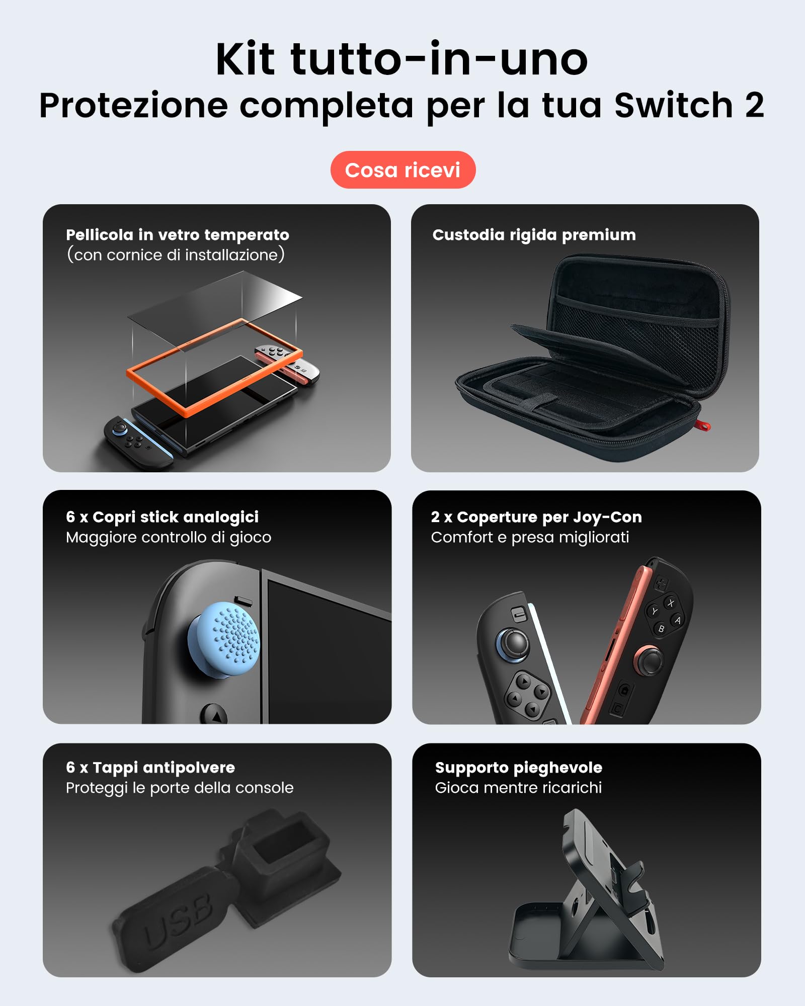 TRANSNOVO Custodia Compatible con Nintendo Switch 2 con Accessori – Case Rigido con 24 Slot per Cartucce di Gioco, Protezione Schermo HD, Supporto, Tappi per Joystick e Custodie per Joycon