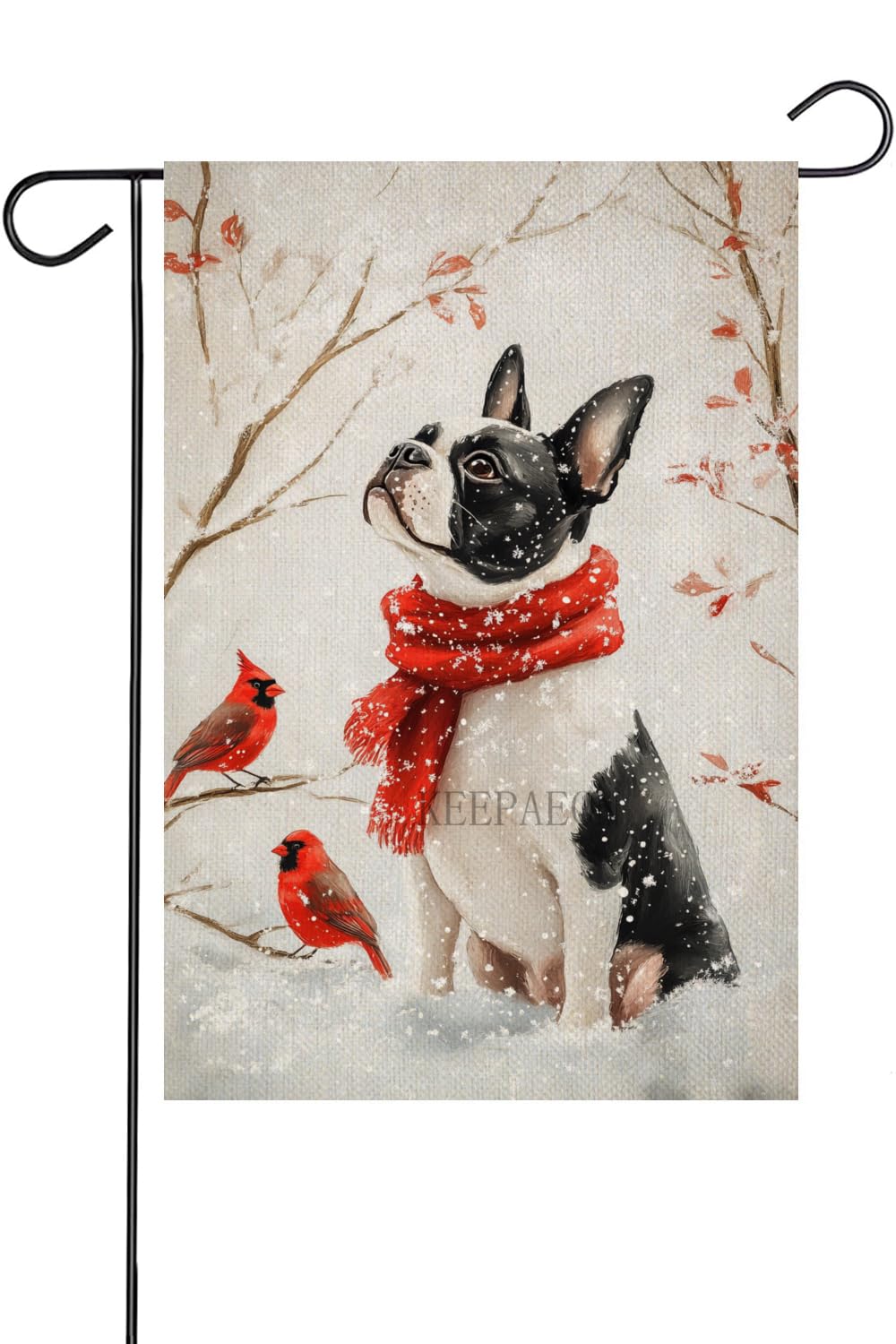 KEEPAEON Winter Cardinal Bird and Boston Terrier Garden Flag 12x18 Vertical Double Sided Farmhouse Trees Snow Christmas Holiday Outside Decorations