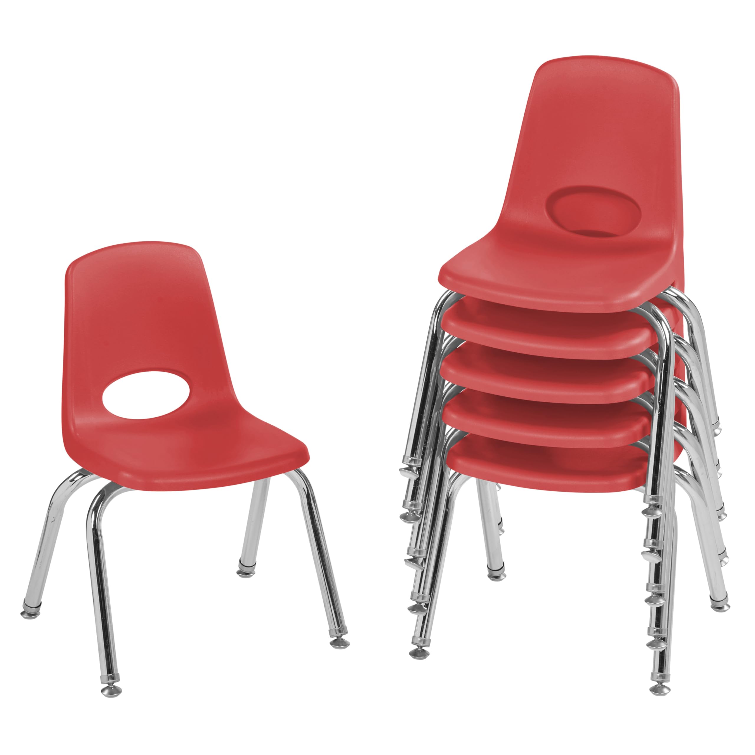 FDP 12" School Stack Chair, Stacking Student Seat with Chromed Steel Legs and Nylon Swivel Glides; For In-Home Learning or Classroom - Red (6-Pack),