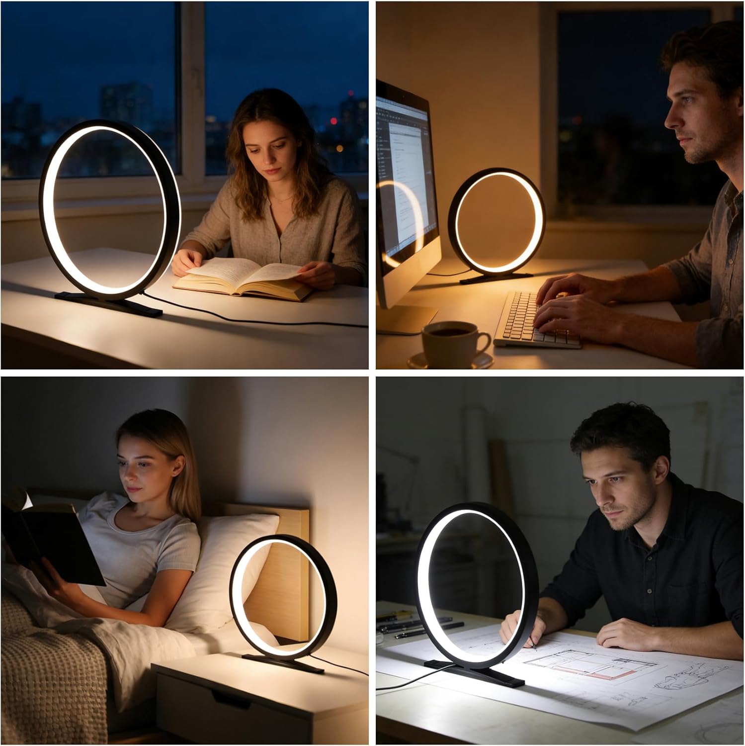 Modern Circle Table Lamp, Dimmable LED Nightstand Lamp with On/Off Switch, 3 Color Temperatures, Minimalist Desk Lamp for Bedroom, Living Room, Office, Home Decor (Black)