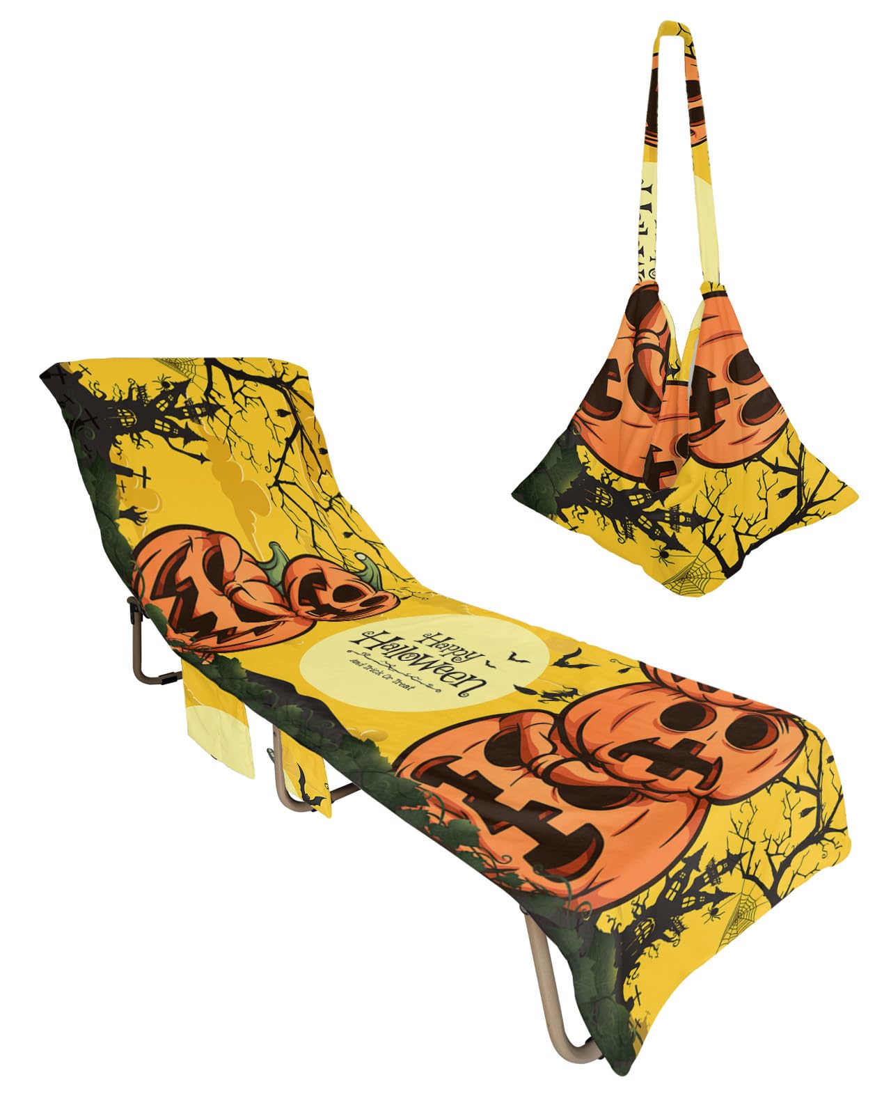 Halloween Beach Lounge Chair Towel Cover, Soft Chaise Lounge Towel with Side Pockets Patio Pool Chairs Cover for Beach/Pool Sunbathing 29x85 Orange Pumpkins Yellow Sky Moon Black Bats