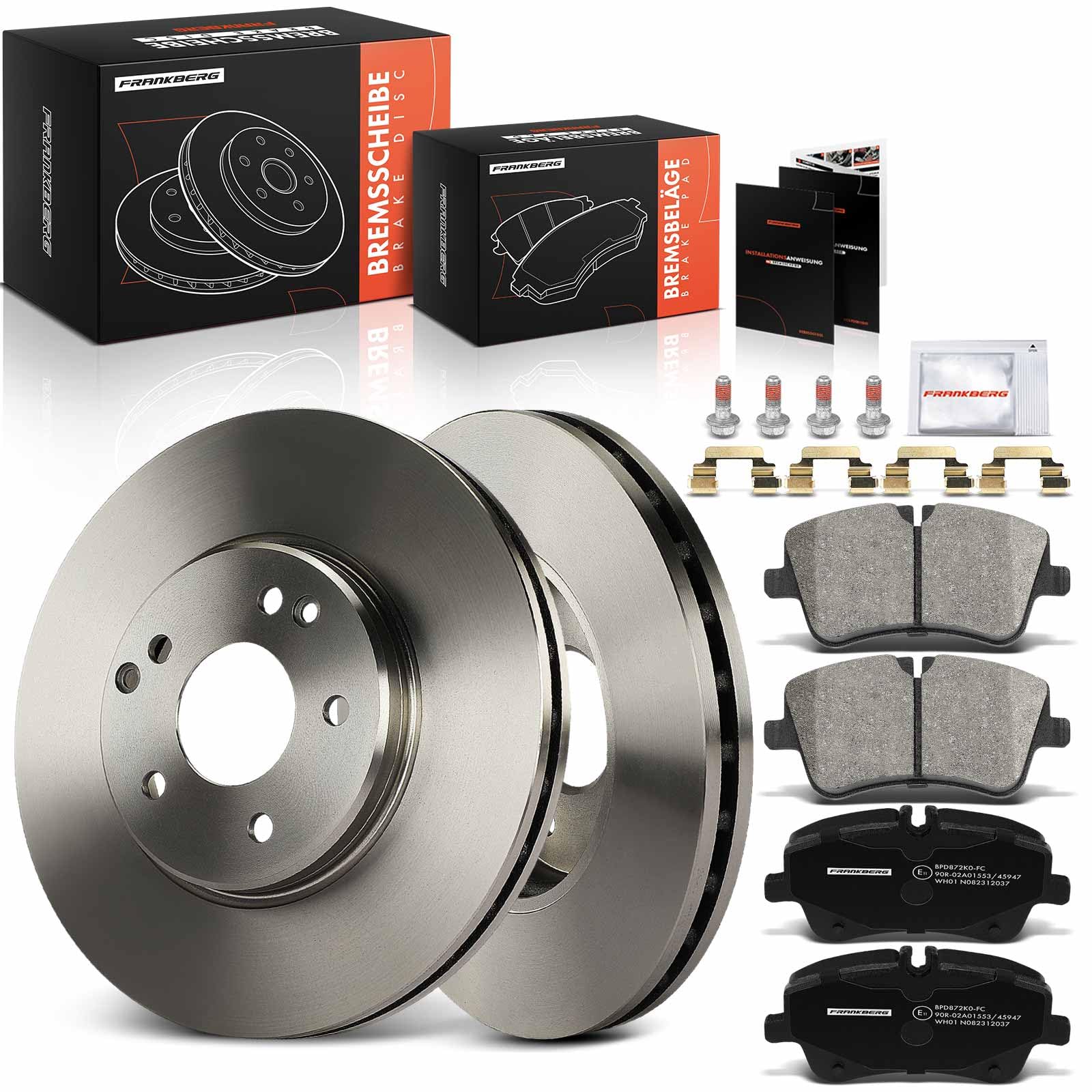 Frankberg 2 discos de freno 4 pastillas de freno | A0034202520; Compatible con: Clase C Modelo T S203, SLK R171, CLK Cabriolet A209, Clase CLC CL203, CLK C209