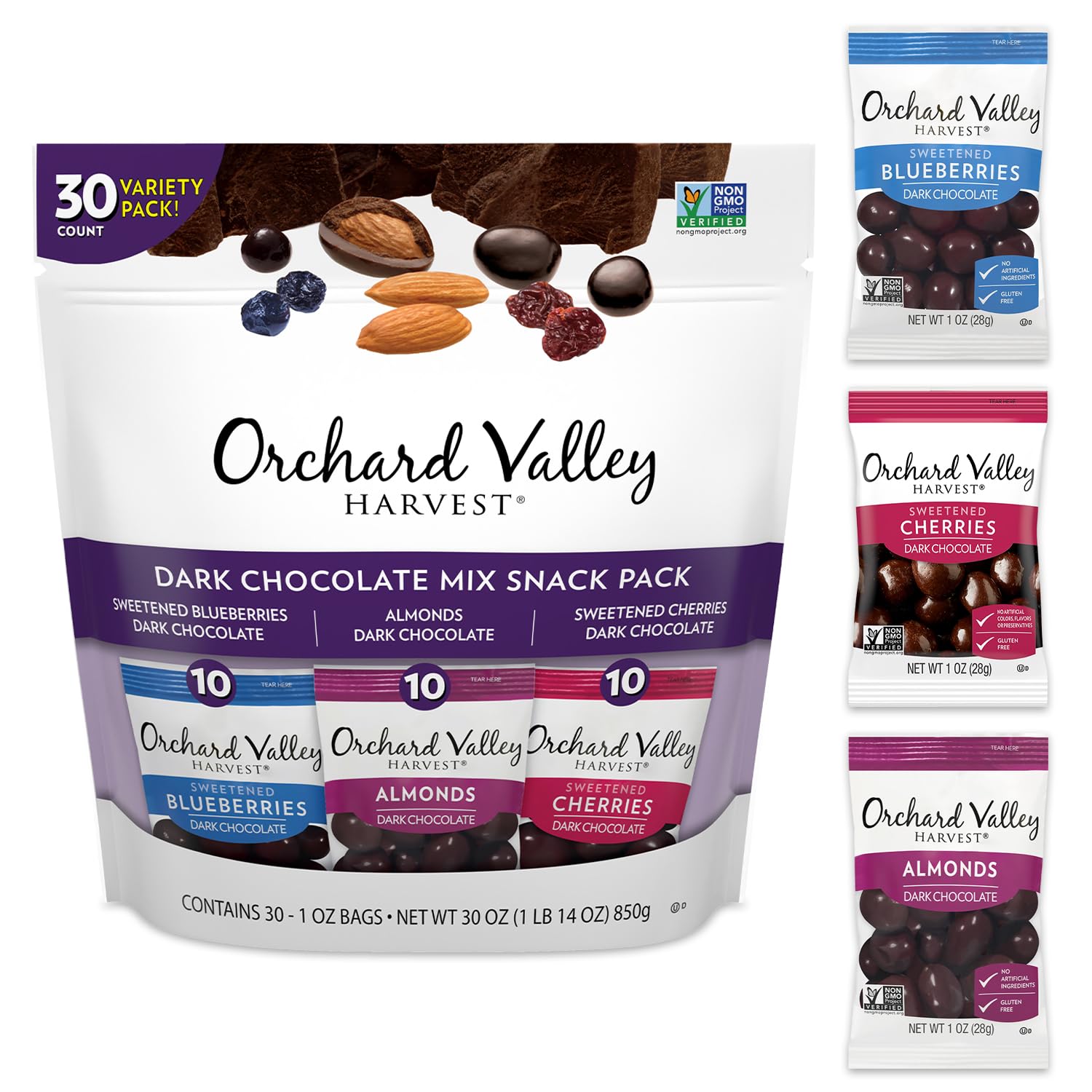 Orchard Valley Harvest Dark Chocolate Snack Pack, (30 Count Variety Pack), 1oz Bags - Dark Chocolate Almonds, Dark Chocolate Cherries, Dark Chocolate Blueberries, Gluten Free with No Preservatives