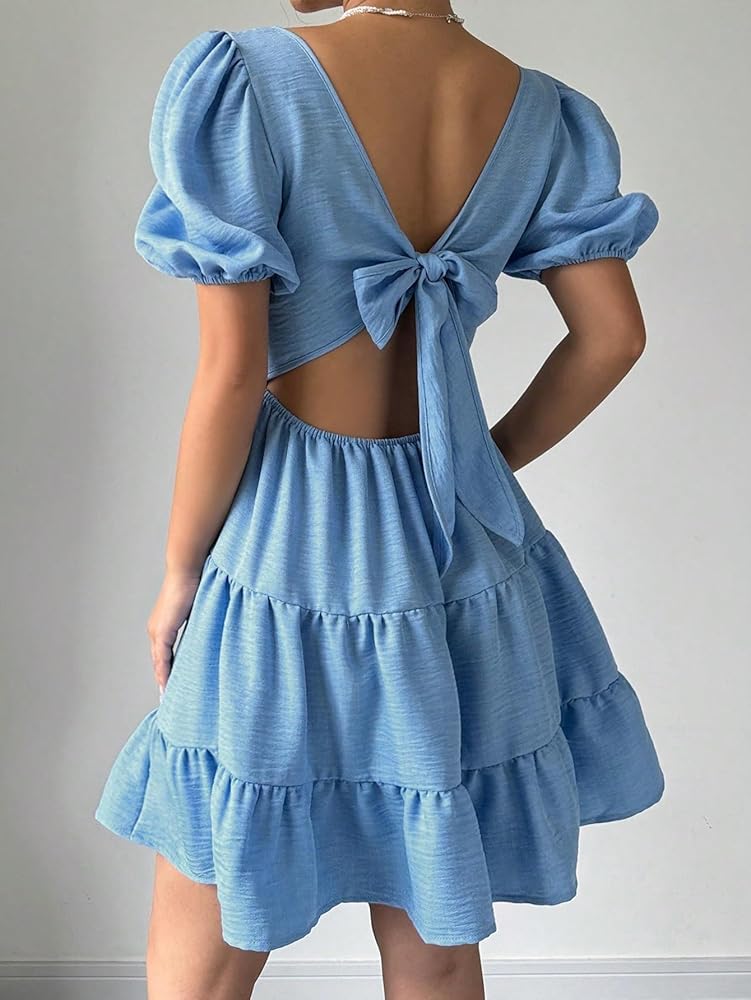 TqaSer Short Dresses for Women 2025 Solid Color Puff Sleeve