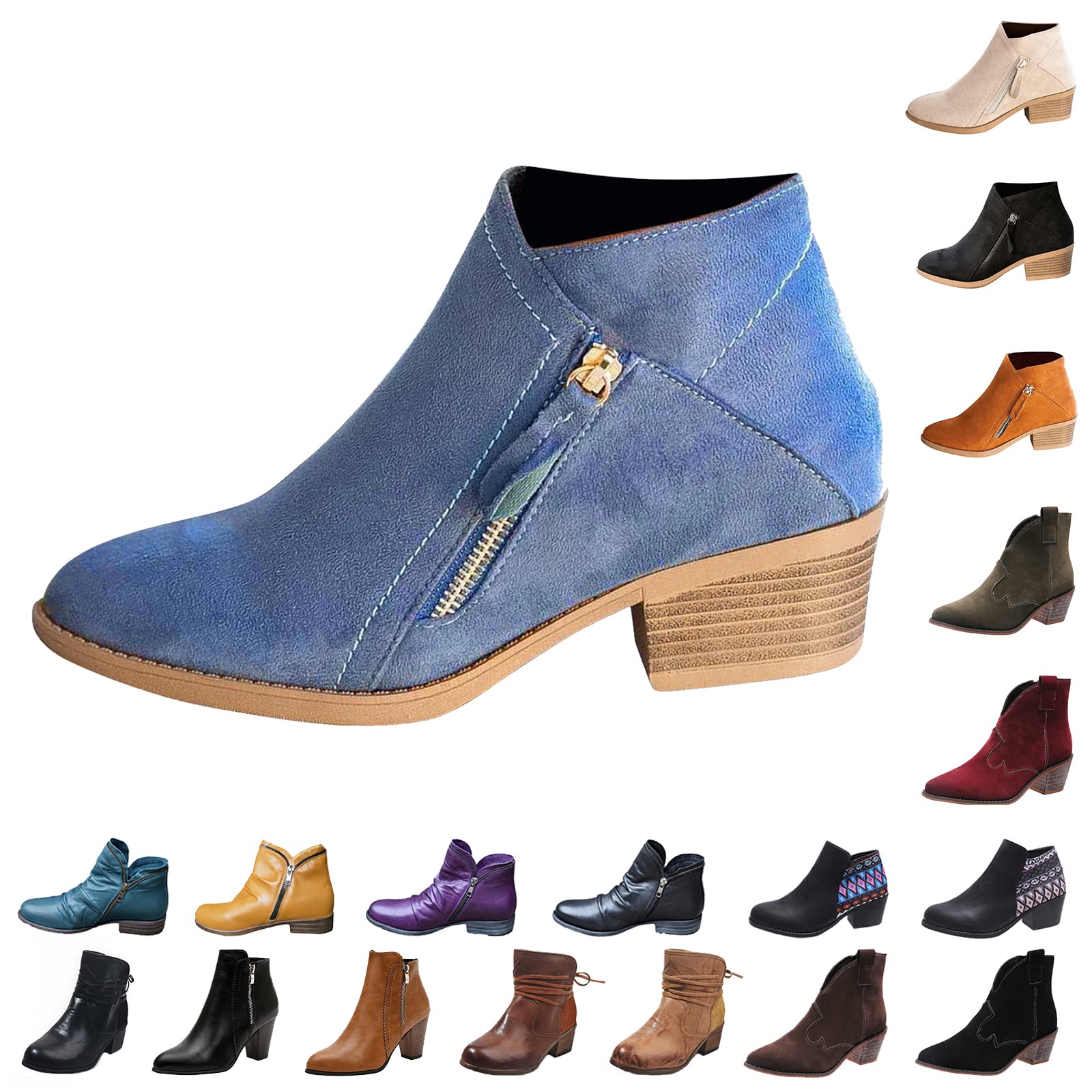 oiangi Womens Boots Fall 2022 Ankle Booties Vintage Slip on Round Toe Side Zipper Chunky Block Mid Heel Booties Solid Casual Comfy Outdoor Ladies