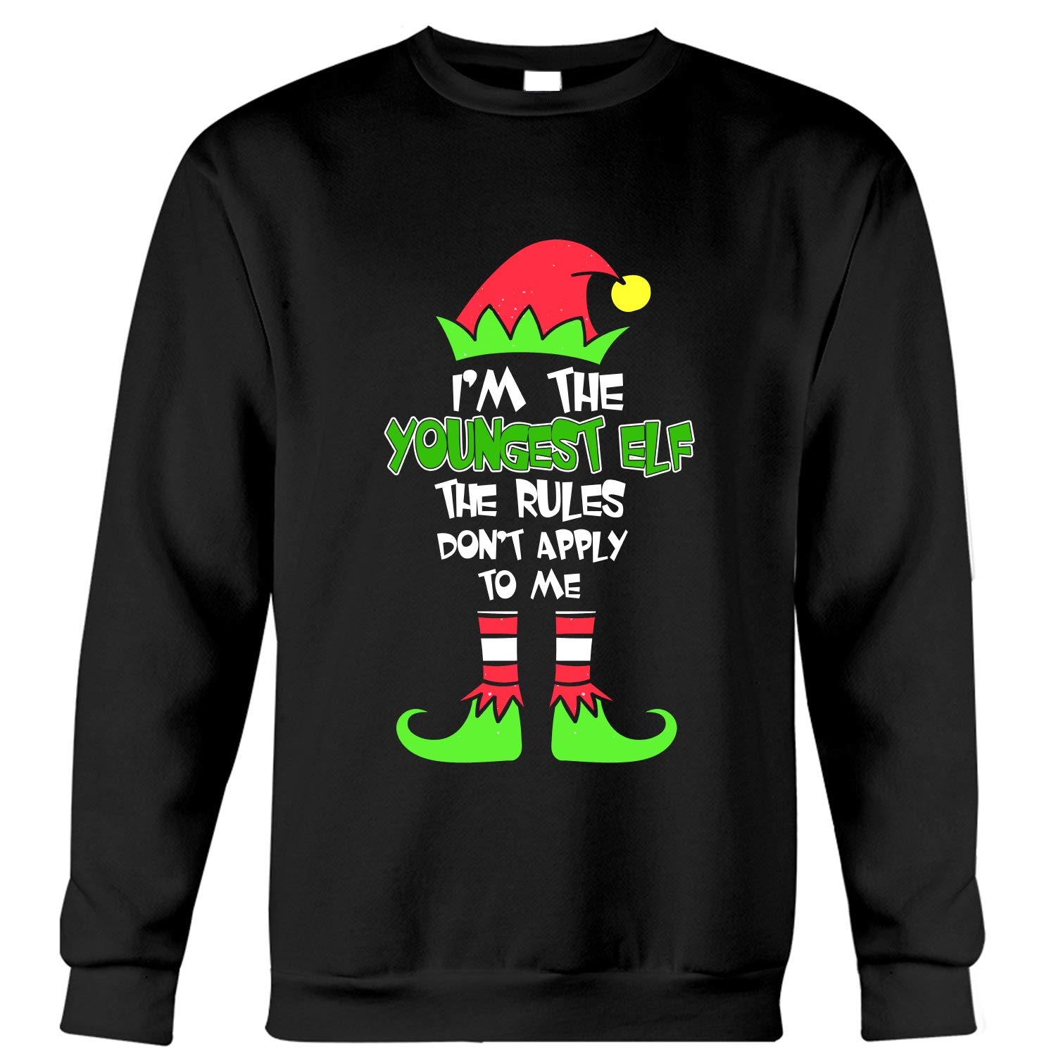 HARUKA SUGINO 996 Funny I'm The Youngest Elf The Rules Don't Apply to Me Christmas Tree Style Gift Sweatshirt (Black - XL)