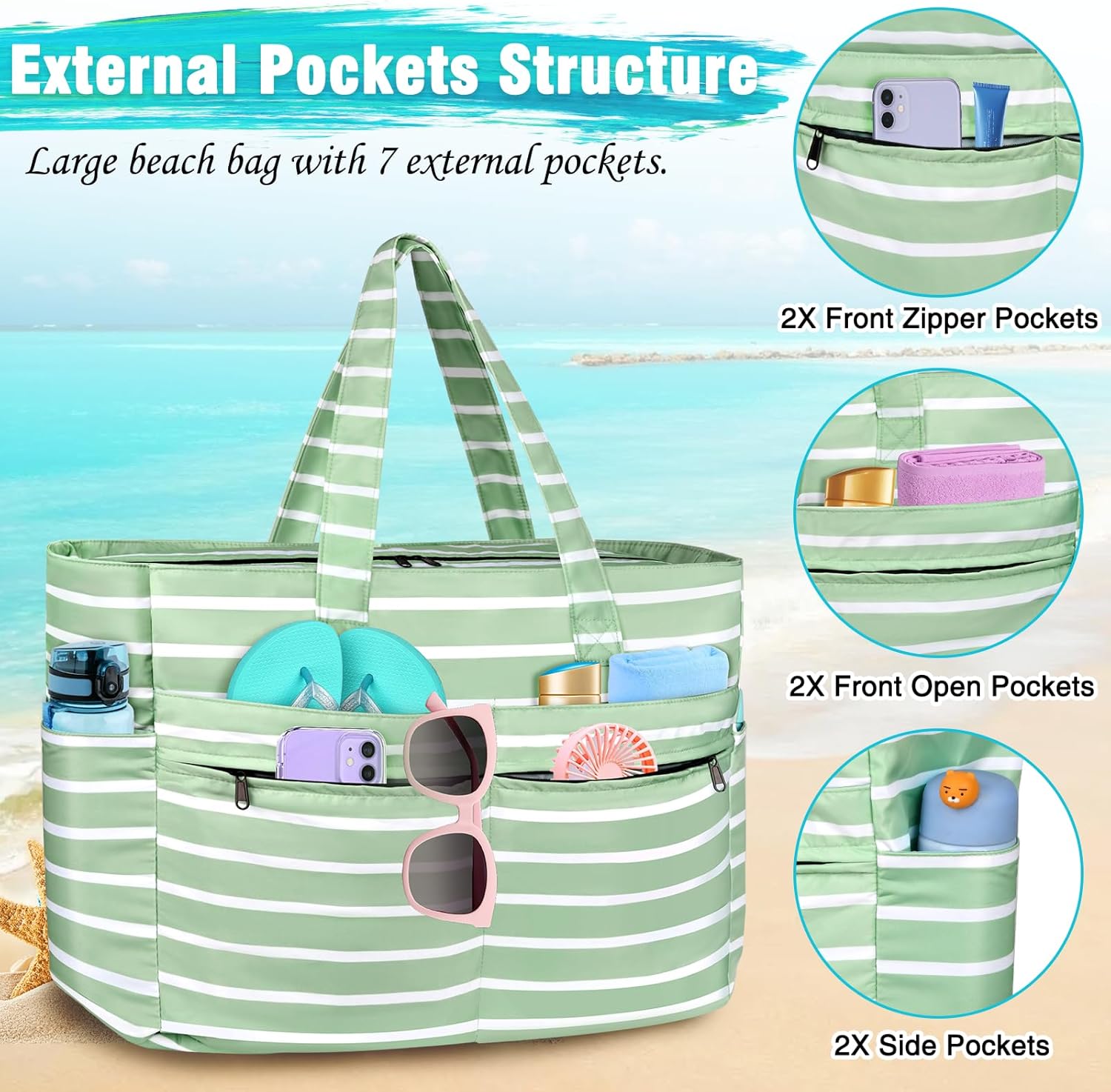 HUANLANG Extra Large Beach Bag Waterproof Beach Totes Bags for Women Men,Pool Bag with Zipper Wet Pocket - Image 6