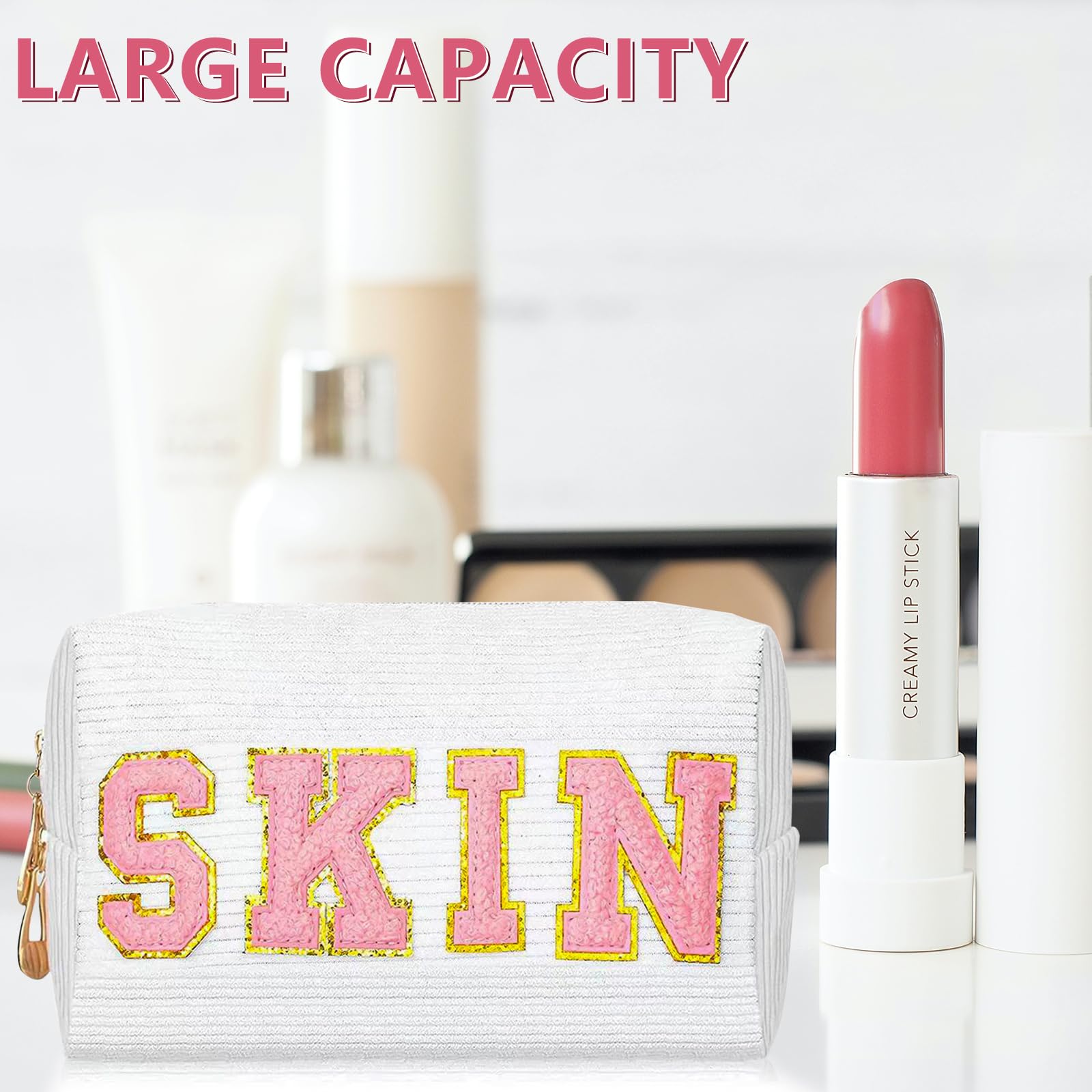 Yoolly Cosmetic Bags for Women Corduroy Makeup Bag, Chenille Letter Organizer Skin Care Bag - Image 3
