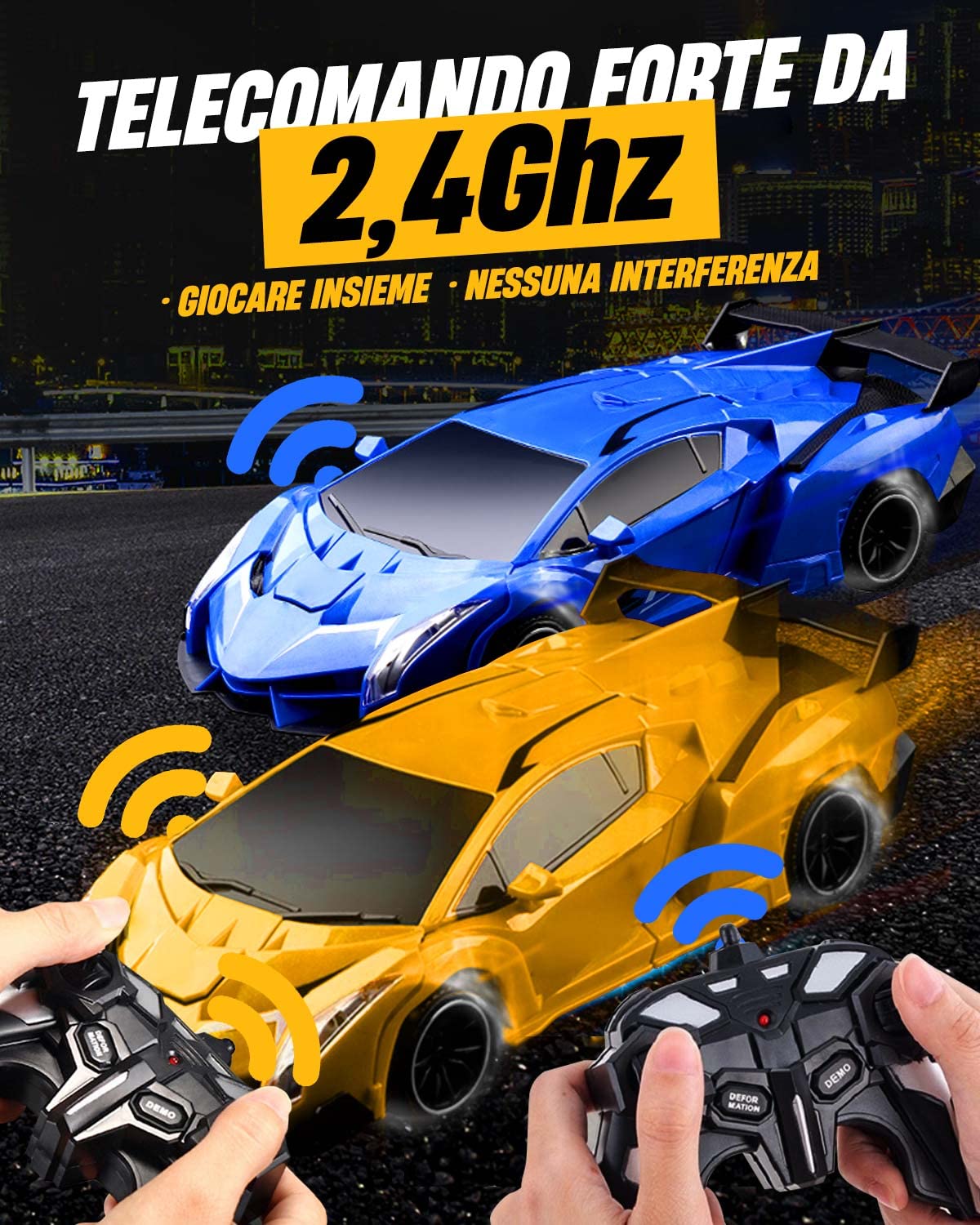 Maxesla Macchina Telecomandata Robot Transformers,Giocattoli per Bambini Auto Radiocomandata Trasformabile Macchinina 360° Rotazione Luci Compleanno Regali per Ragazzi Ragazze Giochi 3-12 Anni, Giallo