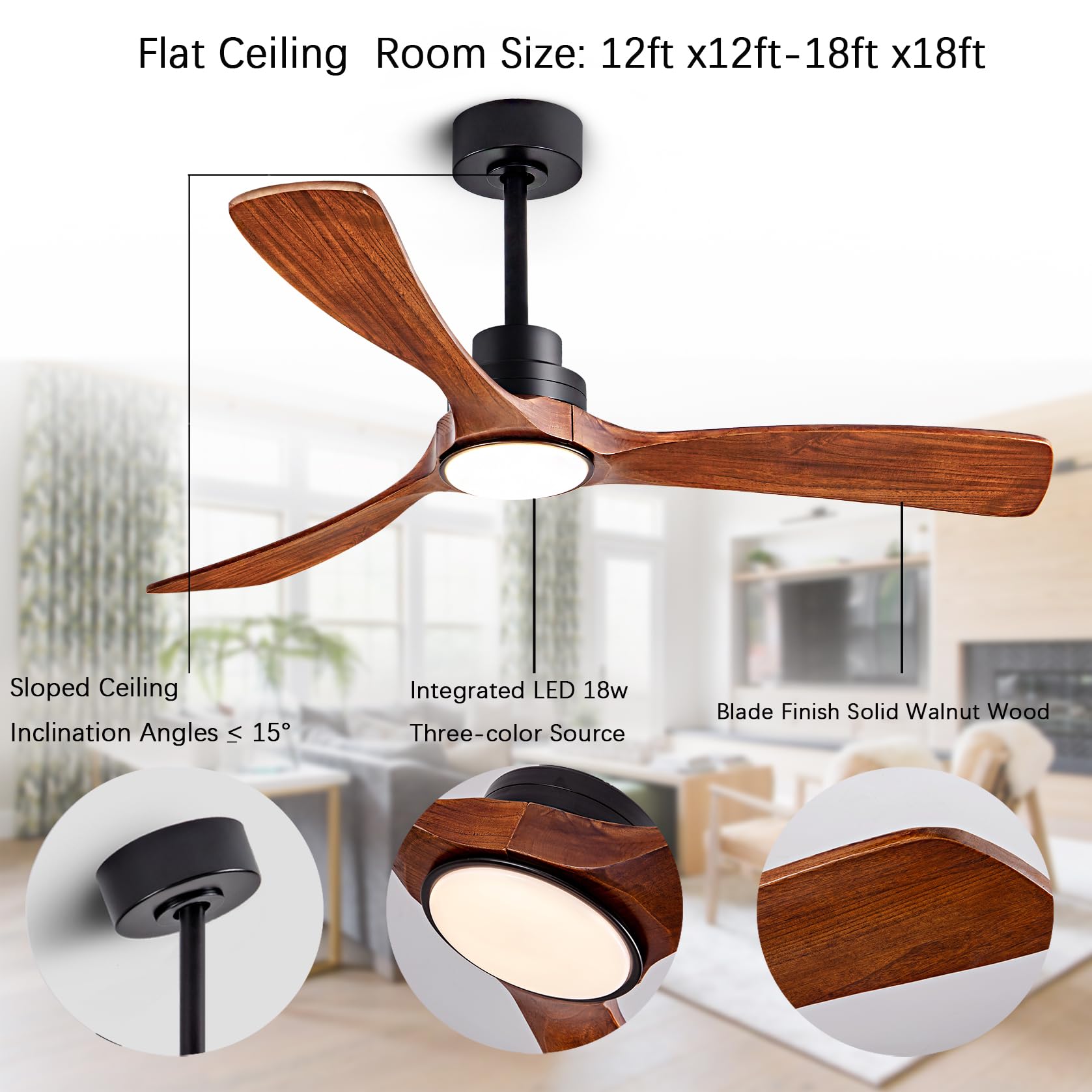 52 Inch Wood Ceiling Fans with Lights and Remote Control Indoor Memory Dimmable Light 3 Blades Noiseless Reversible — view 8