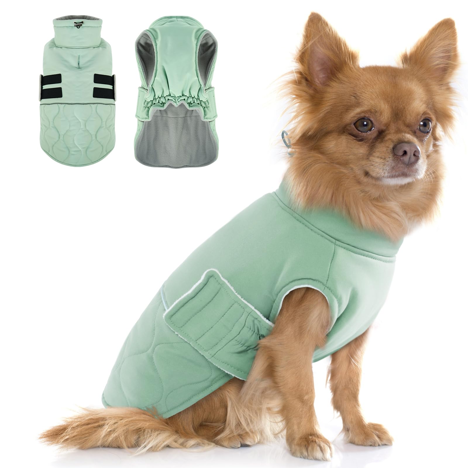 Hjumarayan Dog Winter Coat, Fleece Lined Warm Dog Jacket with Harness Hole, Reflective Quilted Coat Water-resistant for Small Dogs, Maltese, Shih Tzu (Sage Green S)