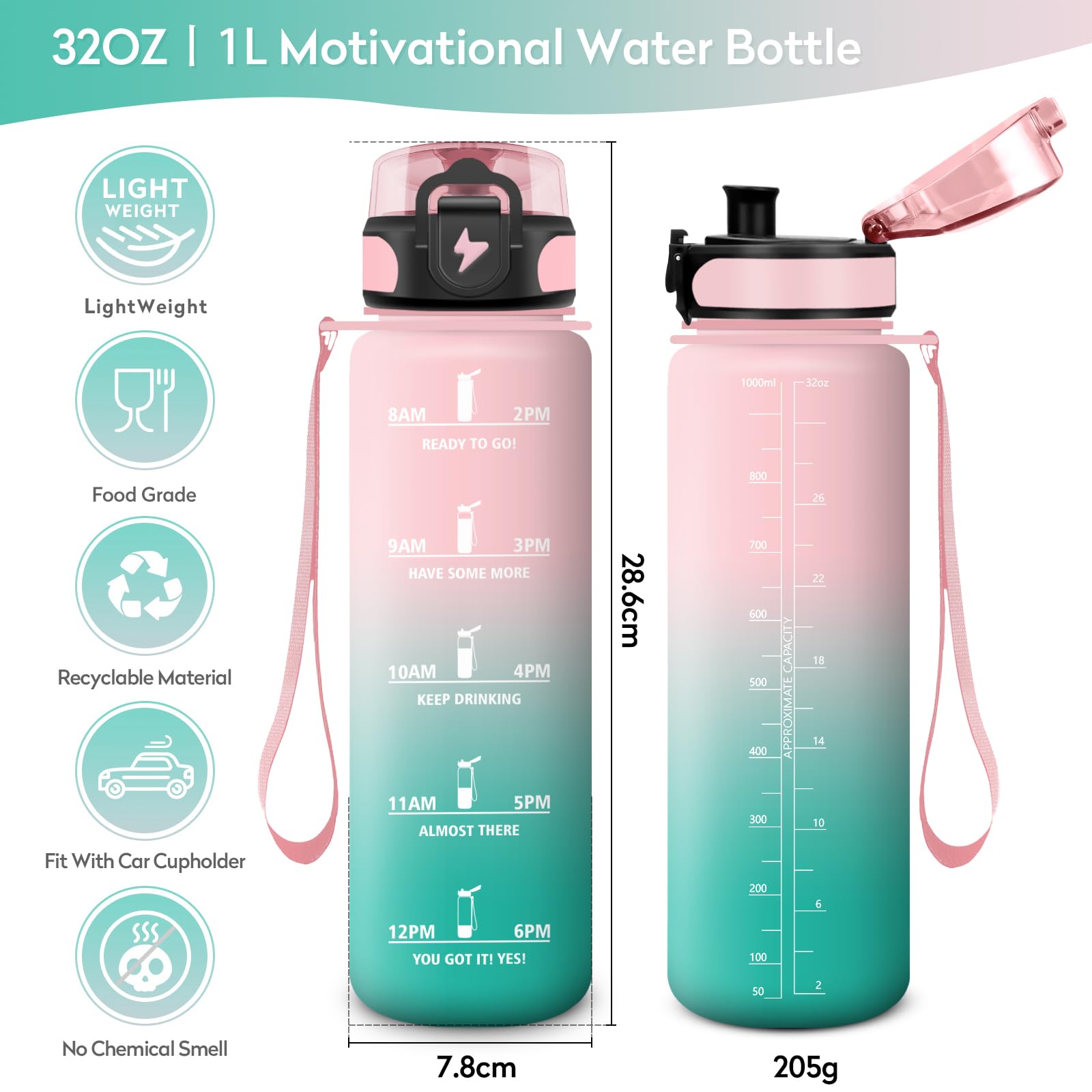 KollyKolla butelka sportowa, 350ml/500ml/800 ml/1l/1,5l, ze znacznikami czasu i filtrem, szczelna, nie zawiera BPA, szczelna, butelka sportowa, odpowiednia dla dzieci, do szkoły, niemowląt, na rower, do fitnessu