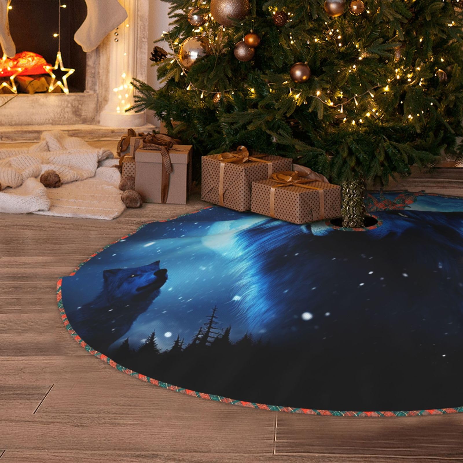 Wolfs Christmas Tree Skirt 48" Artificial Tree Mat Cover Merry Christmas Burlap Xmas Tree Skirt for Christmas Decoration Holiday Indoor Outdoor Winter Party Decor