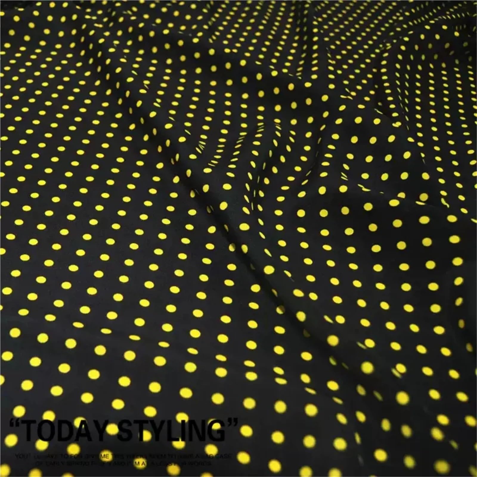 Tela de lunares Base negra, diseño De lunares amarillos, tela crepé seda transpirable for verano for mujer, vestido, ropa, falda for dormir