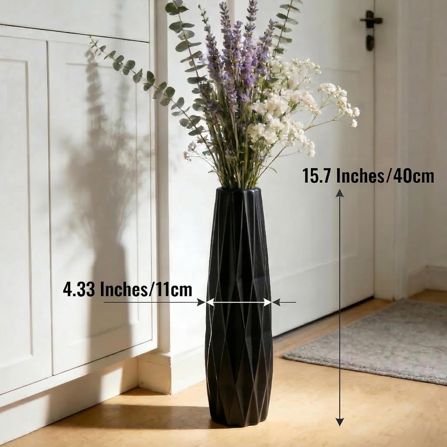Black Ceramic Tall Floor Vase – 15.7" Modern Minimalist Decorative Large Vase for Living Room Corner, Entryway, or Office Home Decor