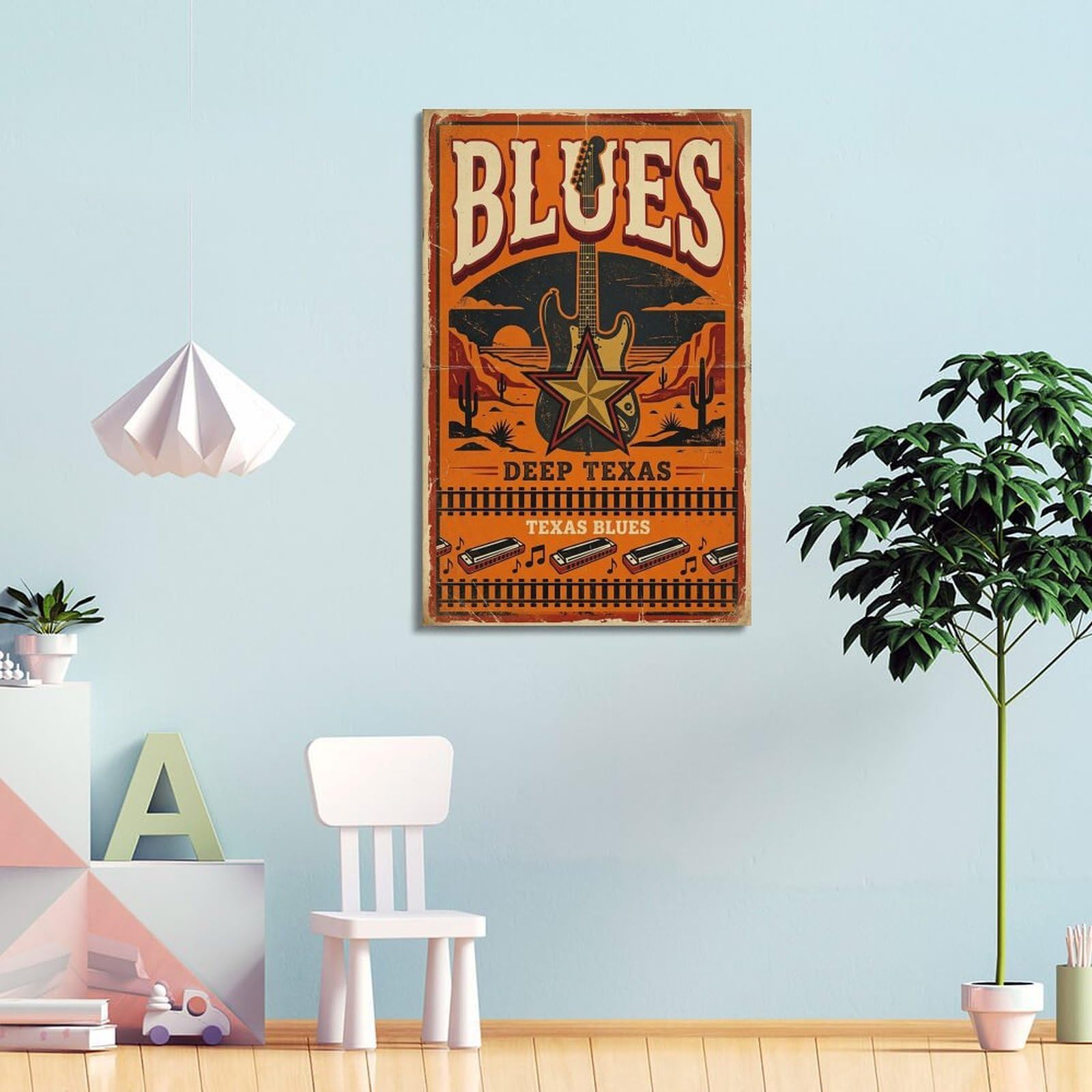 OKNGB Poster decorativo da parete in stile retrò, motivo: chitarra elettrica occidentale Texas Blues, poster decorativo su tela, poster decorativo per camera da letto, 40 x 60 cm