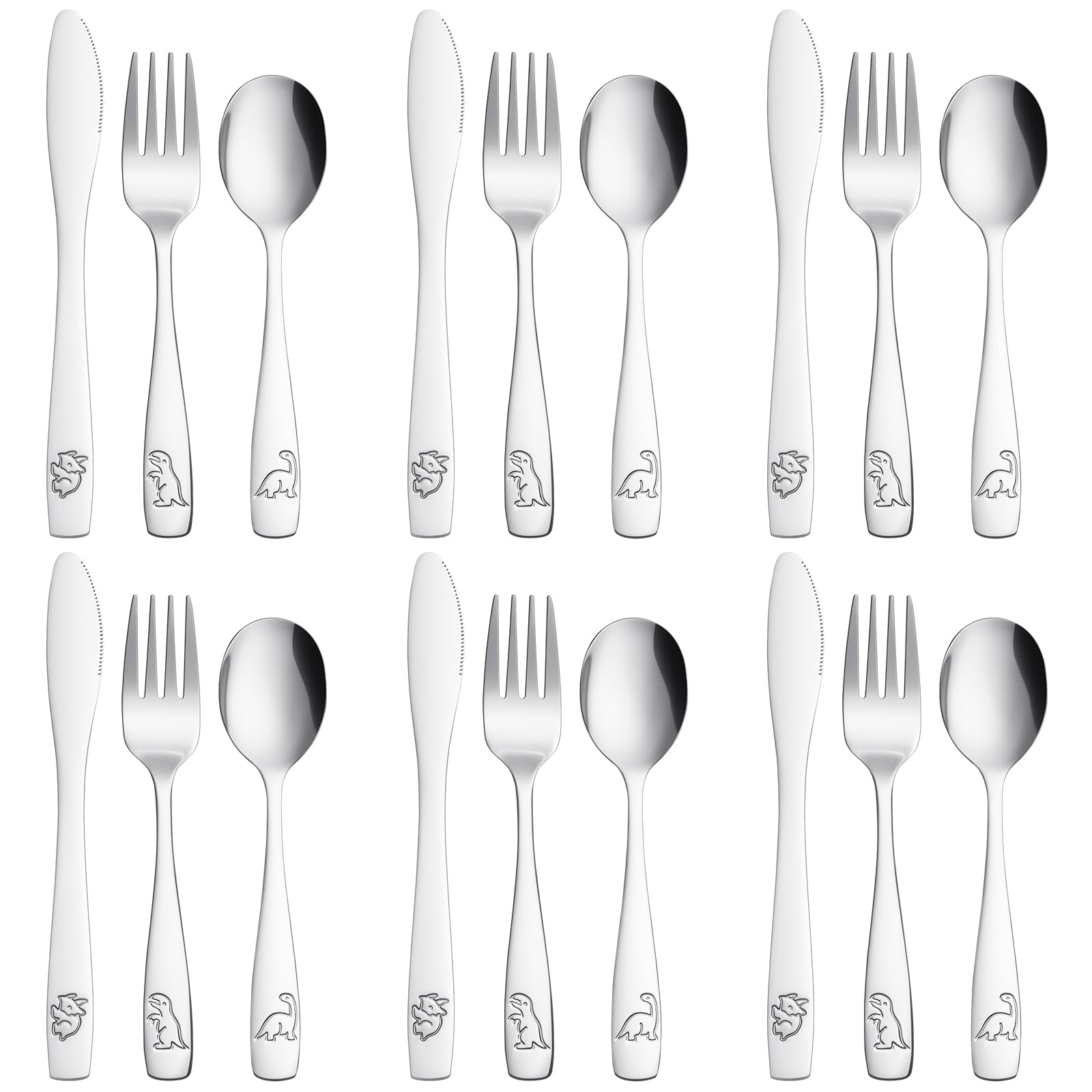 AUAUY 18pcs Stainless Steel Cutlery Set, Silver Dinosaur Flatware Set