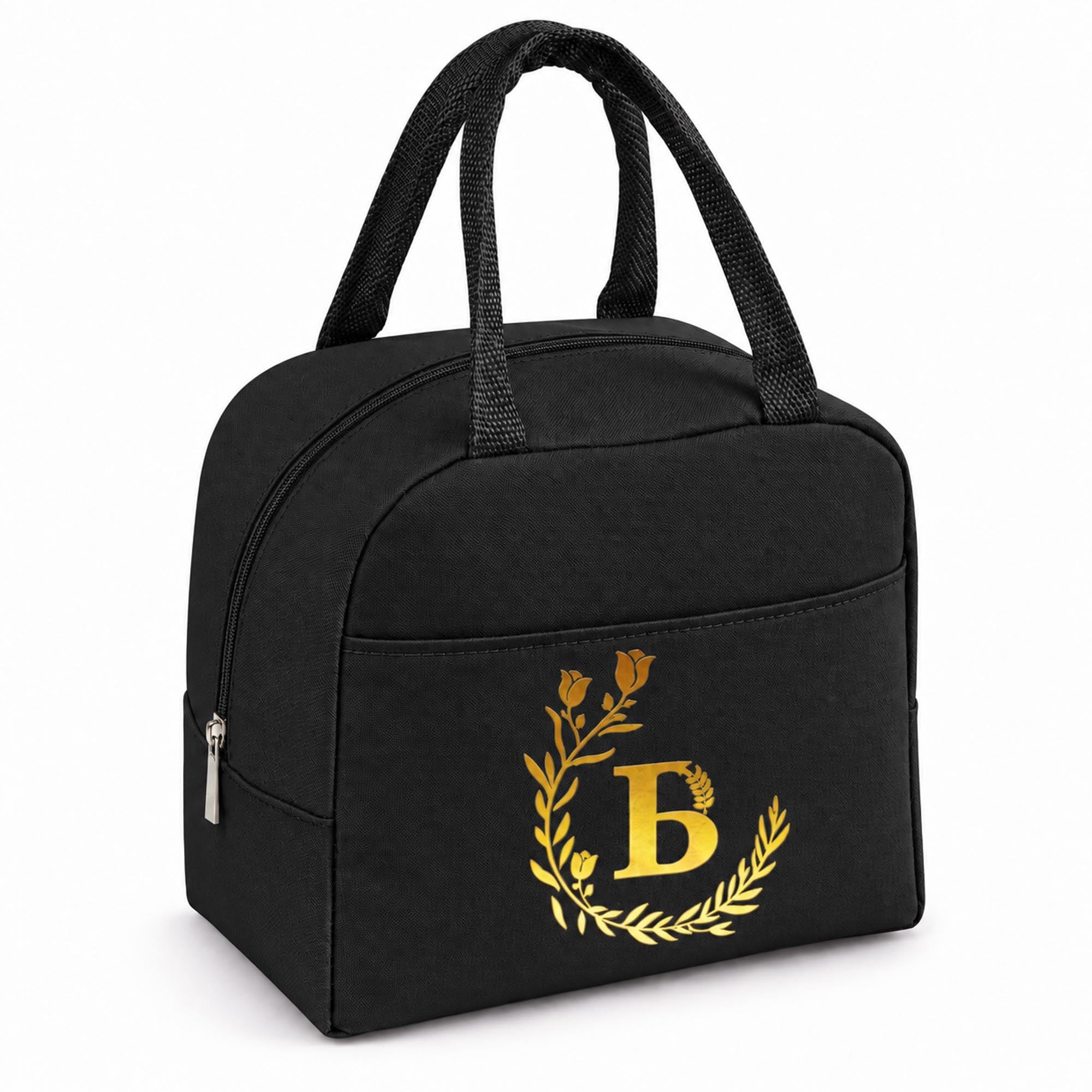 Personalized Black Initial Letters Insulated Lunch Bag for Women Men Kids-B