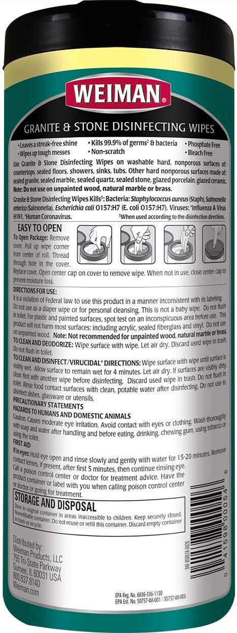 Weiman Granite Disinfectant Wipes - 30 Wipes - 2 Pack - Disinfect Clean and Shine Sealed Granite Marble Quartz Slate Limestone Soapstone Tile Countertops - Packaging May Vary : Health & Household